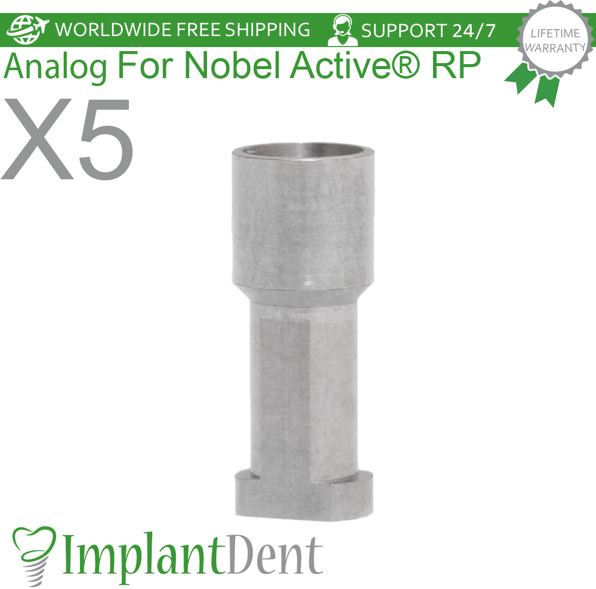 5x Dental Fixture Analog Regular Platform (RP) Conical Connection Hex 2.65mm