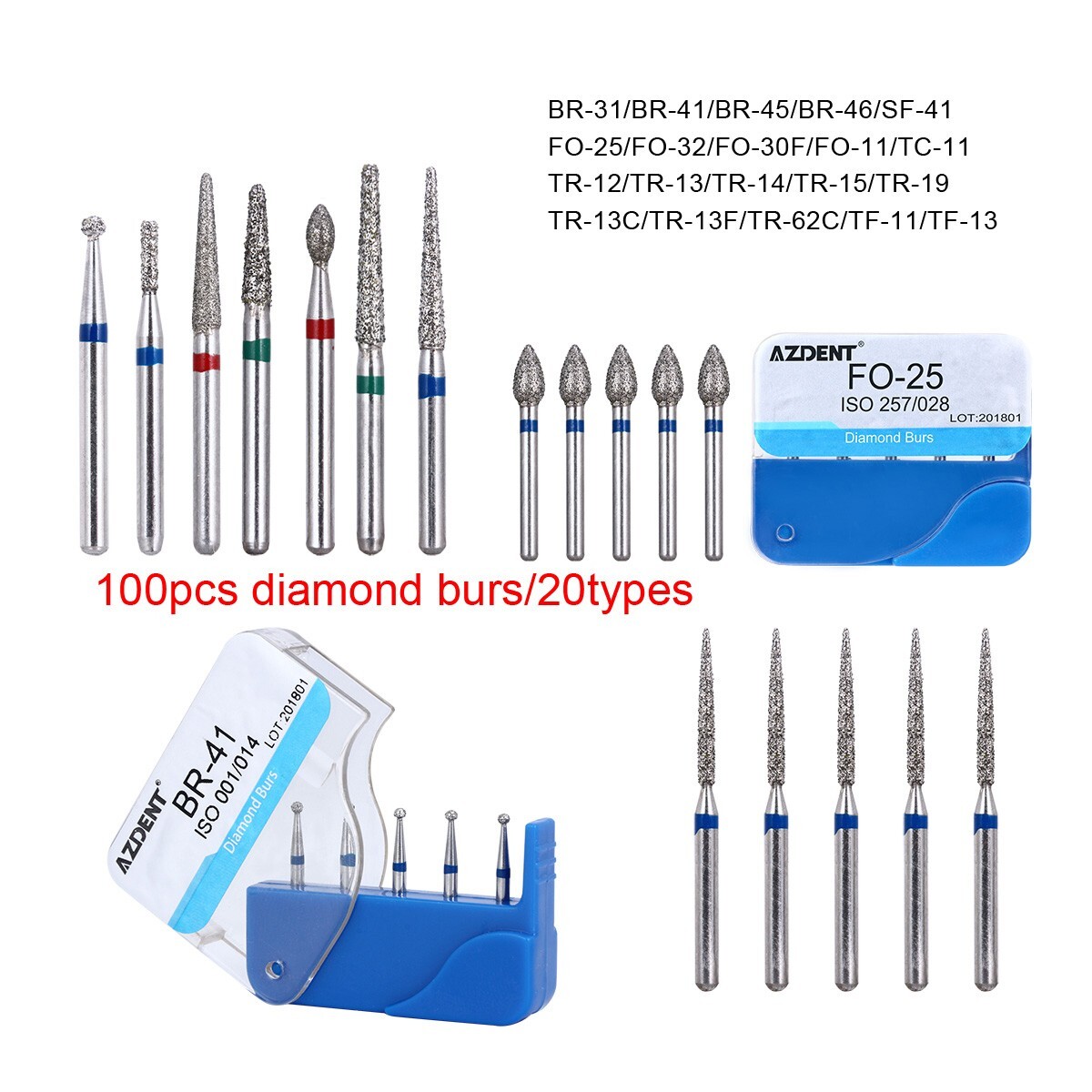 100pcs Dental Diamond Friction Grip Burs for High Speed Handpiece Medium 1.6mm
