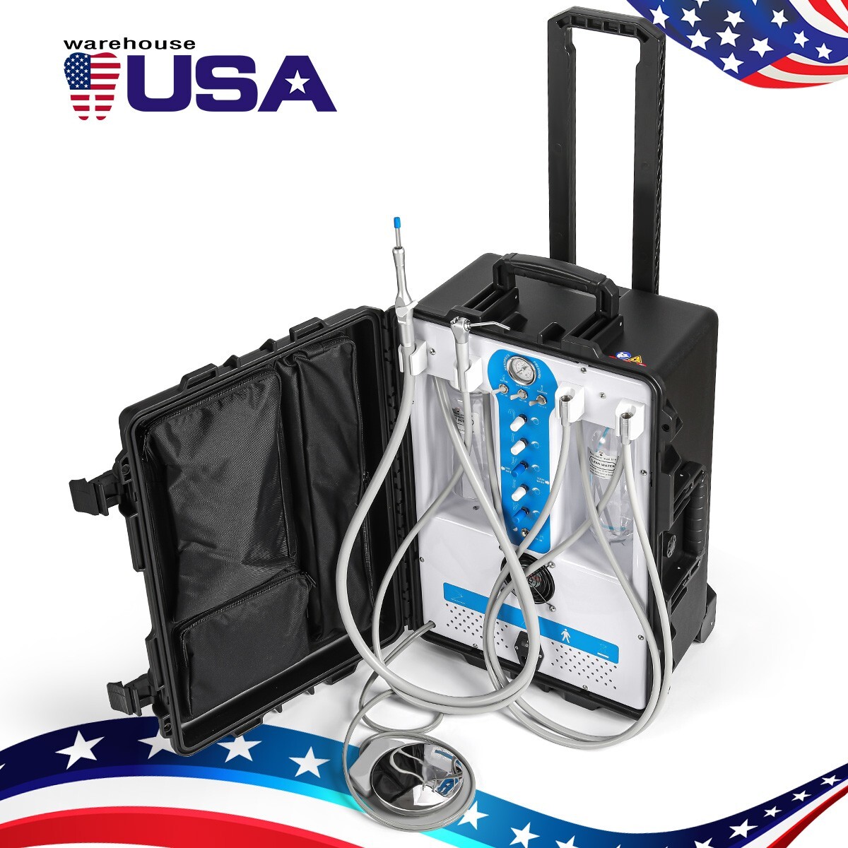 Dental Mobile Delivery Unit Rolling Cart Strong Suction Air Compressor Syringe