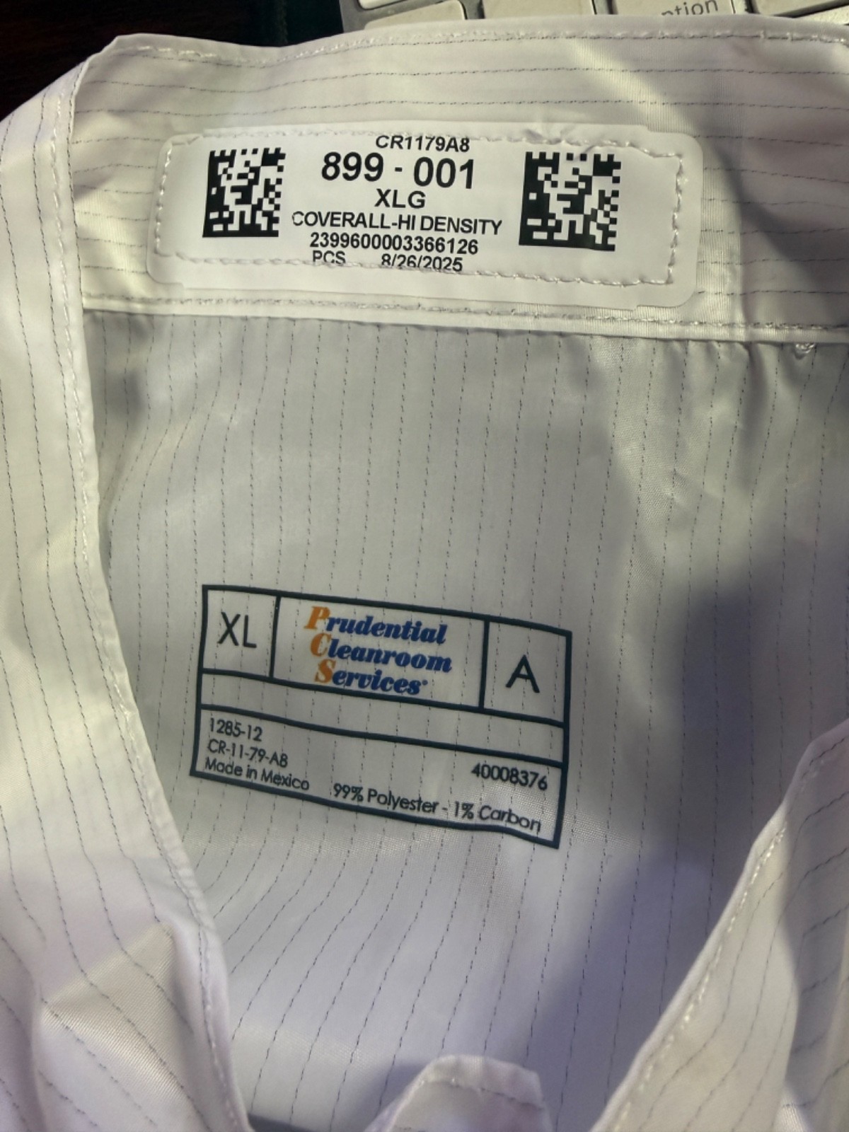 Prudential Cleanroom Services XL White Striped ESD Coverall CR-11-79-A8 Reusable