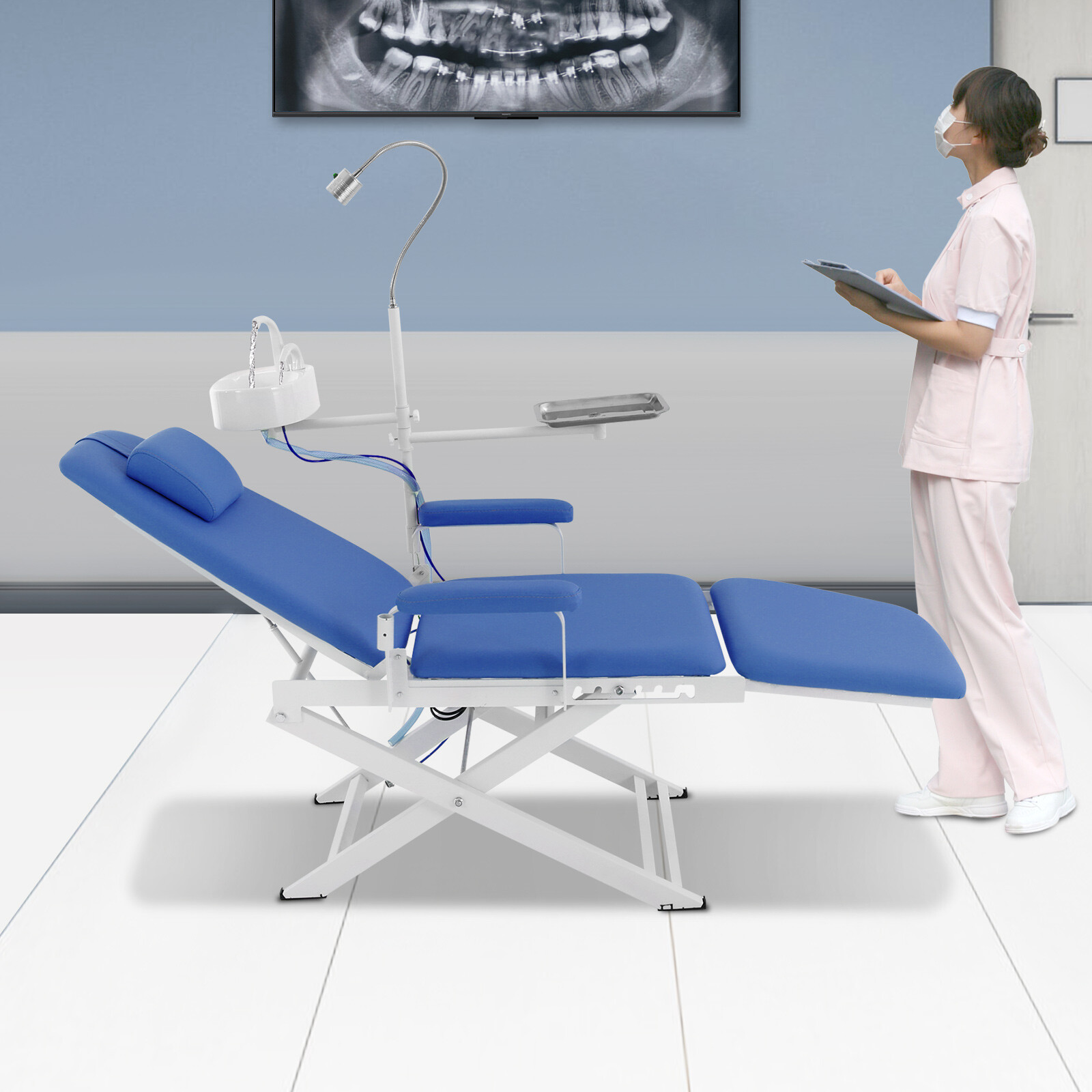 Portable Dental Chair Folding Mobile Chair Tilt Bed with LED Light & Waste Basin
