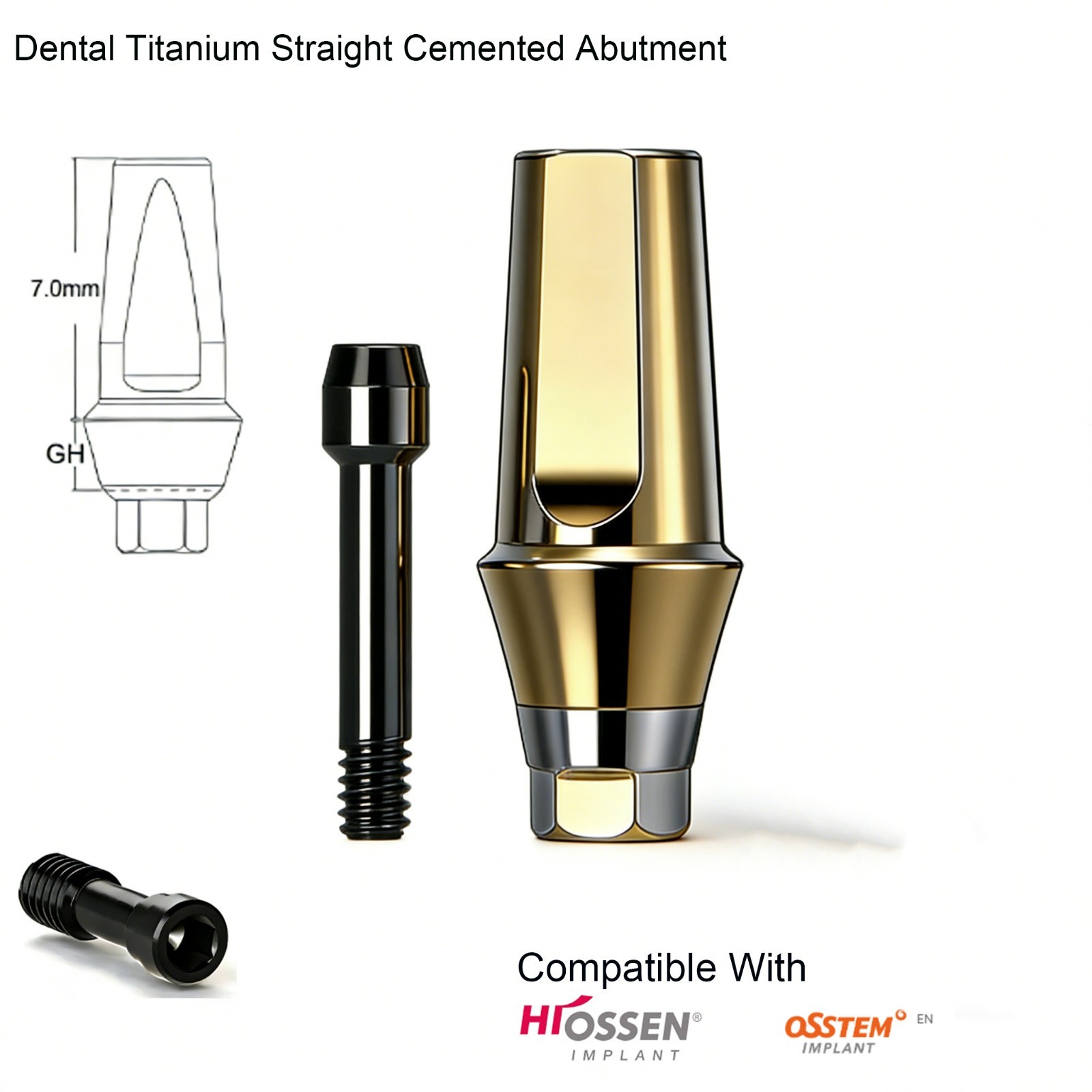 Hiossen ET Straight Ti Cemented Abutment M/S Hex 2.1/2.5mm Conical Replica Screw