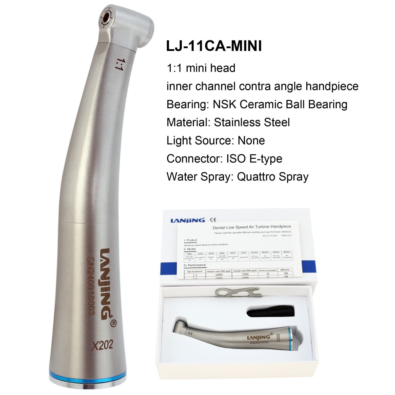 Dental 1:1 Contra Angle Handpiece Fiber Optic Mini Head Electric ISO E Type NSK