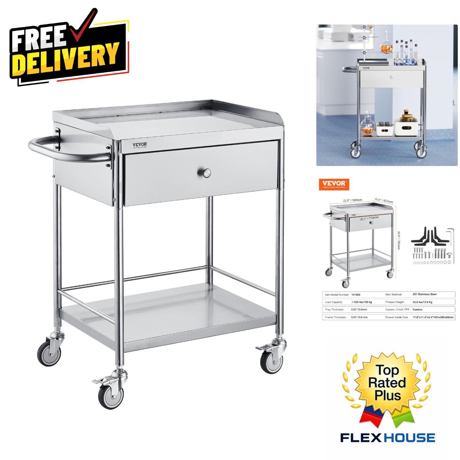 Versatile Stainless Steel Utility Cart – 2-Tier with Drawer and Locking Wheels