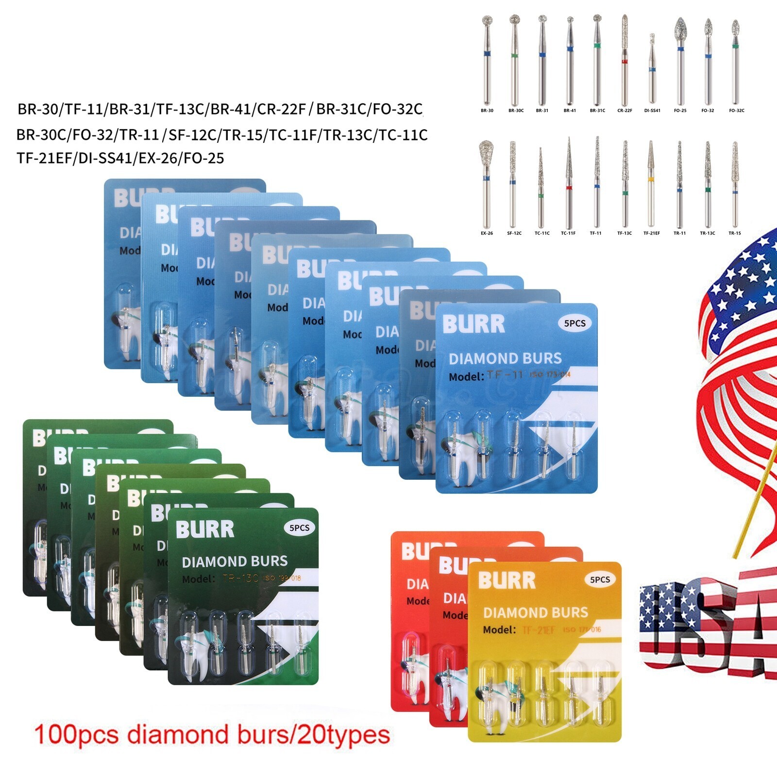 100piezas 20tipos Fresas de diamante medianas dentales FG 1.6 mm Bur BR/TR/TF/EX