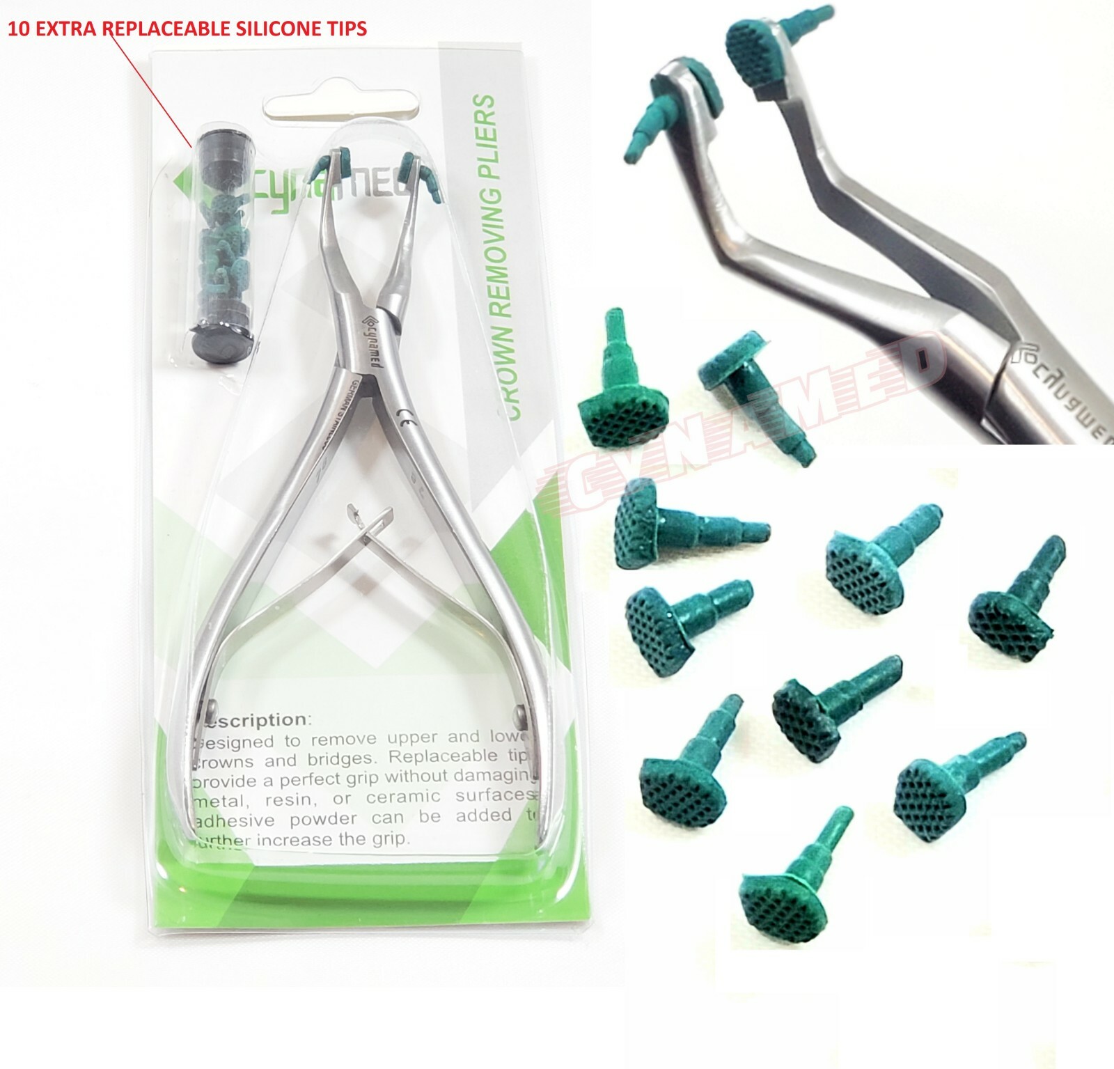 GERMAN DENTAL CROWN GRIPPER REMOVER PLIERS 6″ ANGLED W/ 10 EXTRA SILICONE TIPS