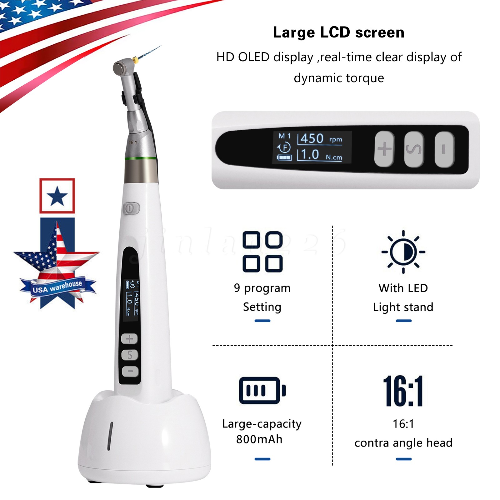 Cordless Endo Motor Handpiece w/ LCD Display, Auto Reverse & Portable