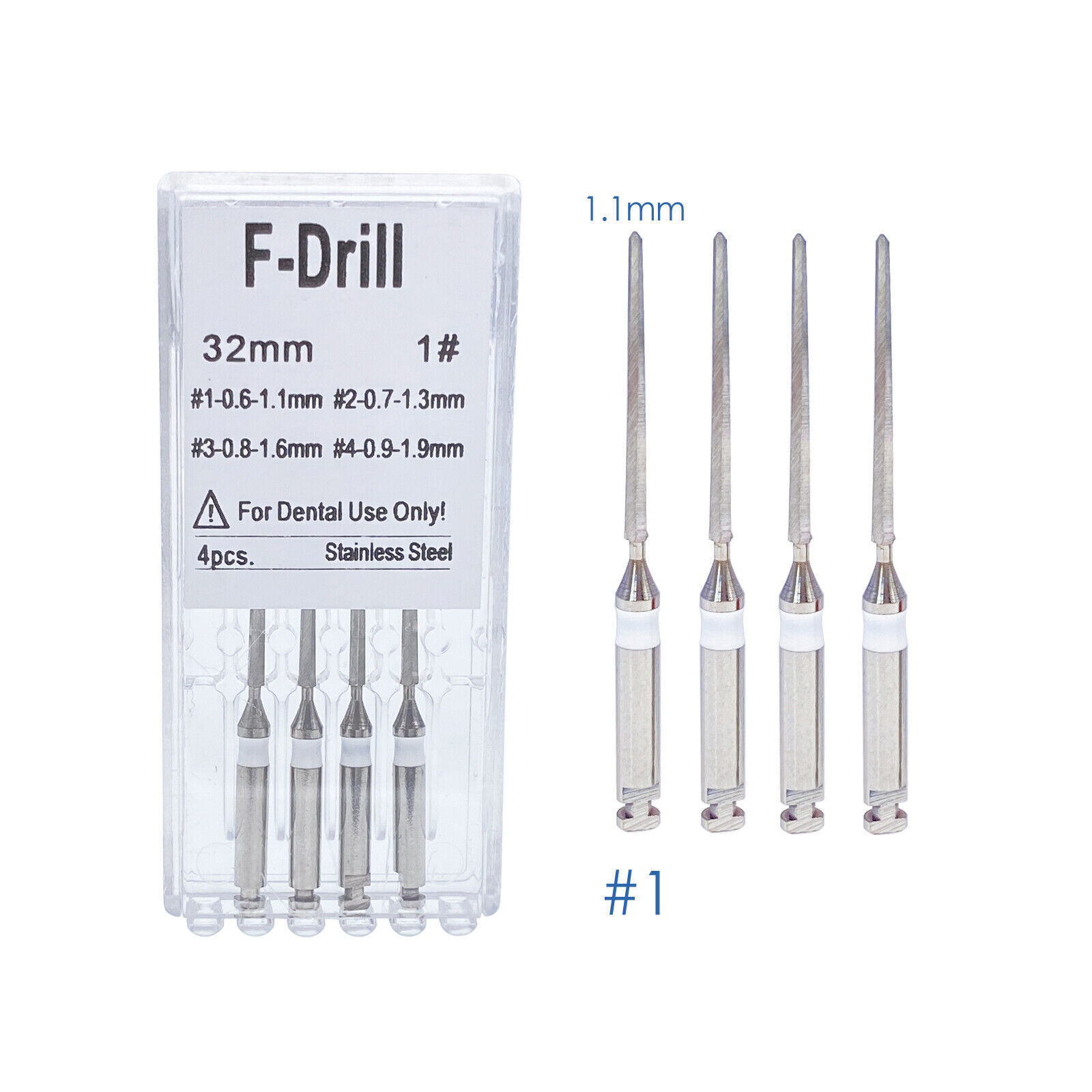 Dental Stainless Steel Endo Root Canal Fiber Post Drills 32mm 1.1/1.3/1.6/1.9mm