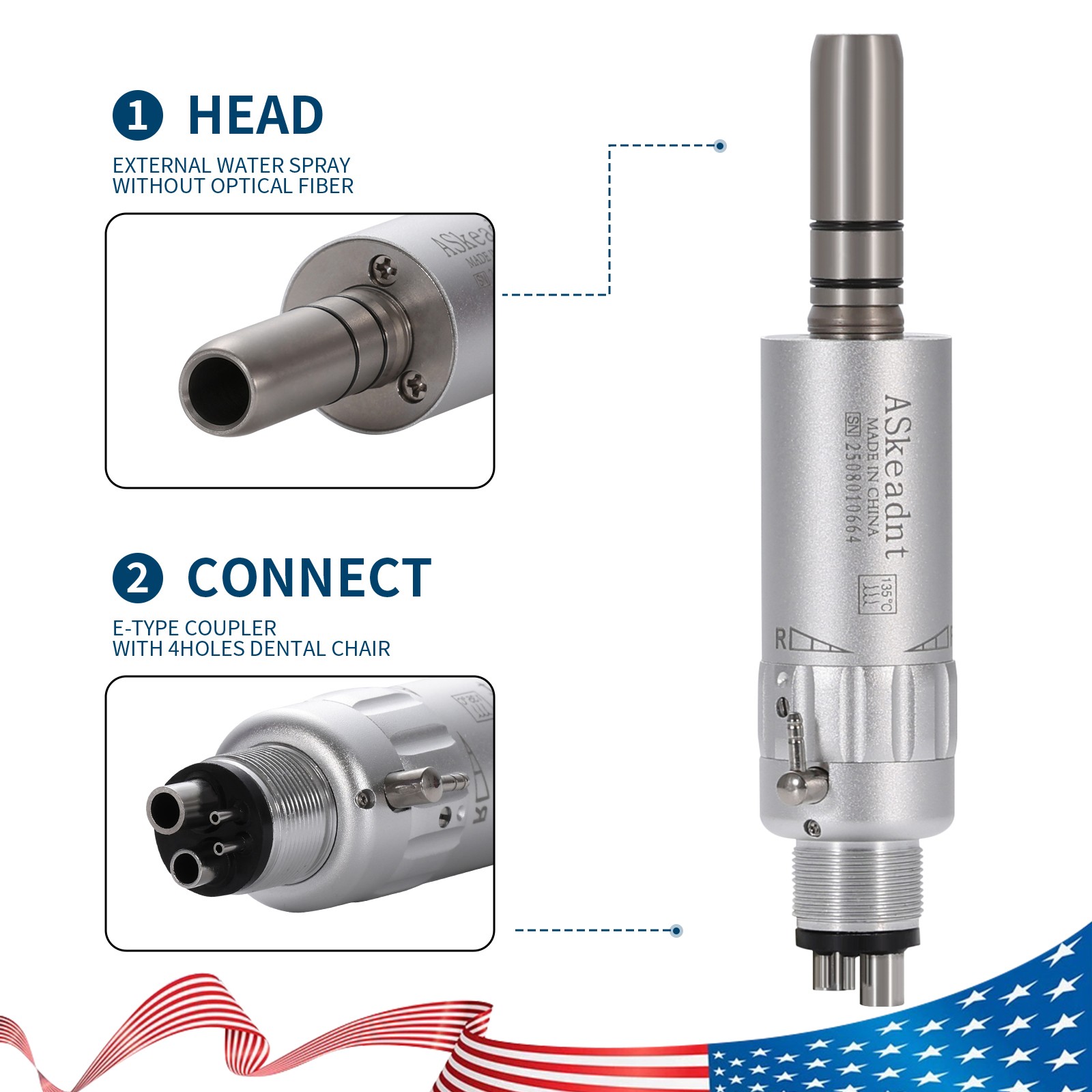 ASkeadnt Dental Low Slow Speed E-type 4 Hole Air Motor Handpiece Connector USA