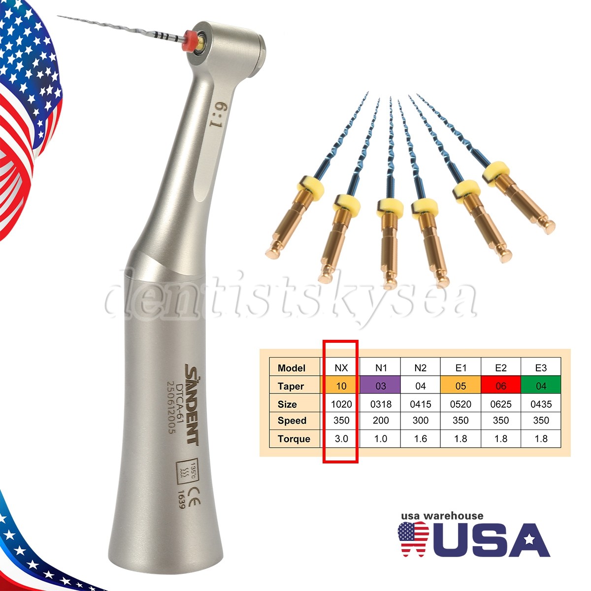 SANDENT 6:1 Reduction Endo Contra Angle Handpiece/ Engine Niti Files 19mm NX Y