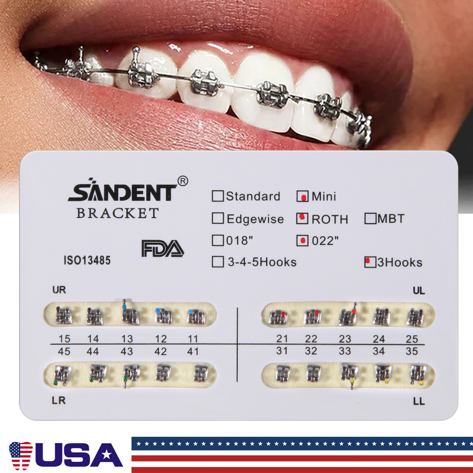 200Pcs Dental Orthodontic Braces Bracket Mini Roth 022″Slot 3 Hooks 10 Packs