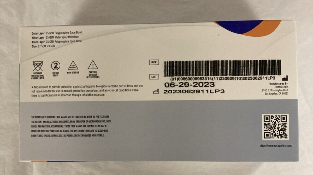 Mo+Med Supplies, Ear-Loop Face Masks, ASTM Level 3, Blue, 50pcs Made in USA