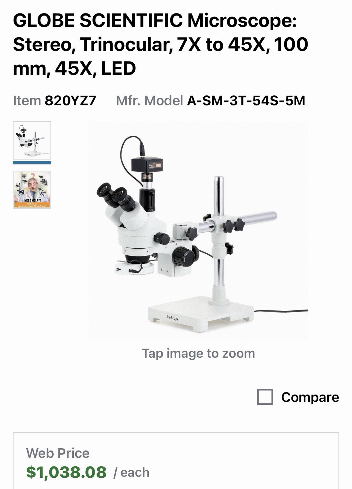 GLOBE SCIENTIFIC Microscope 820YZ7 7X-45X A-SM-3T-54S-5M Trinocular, New Open