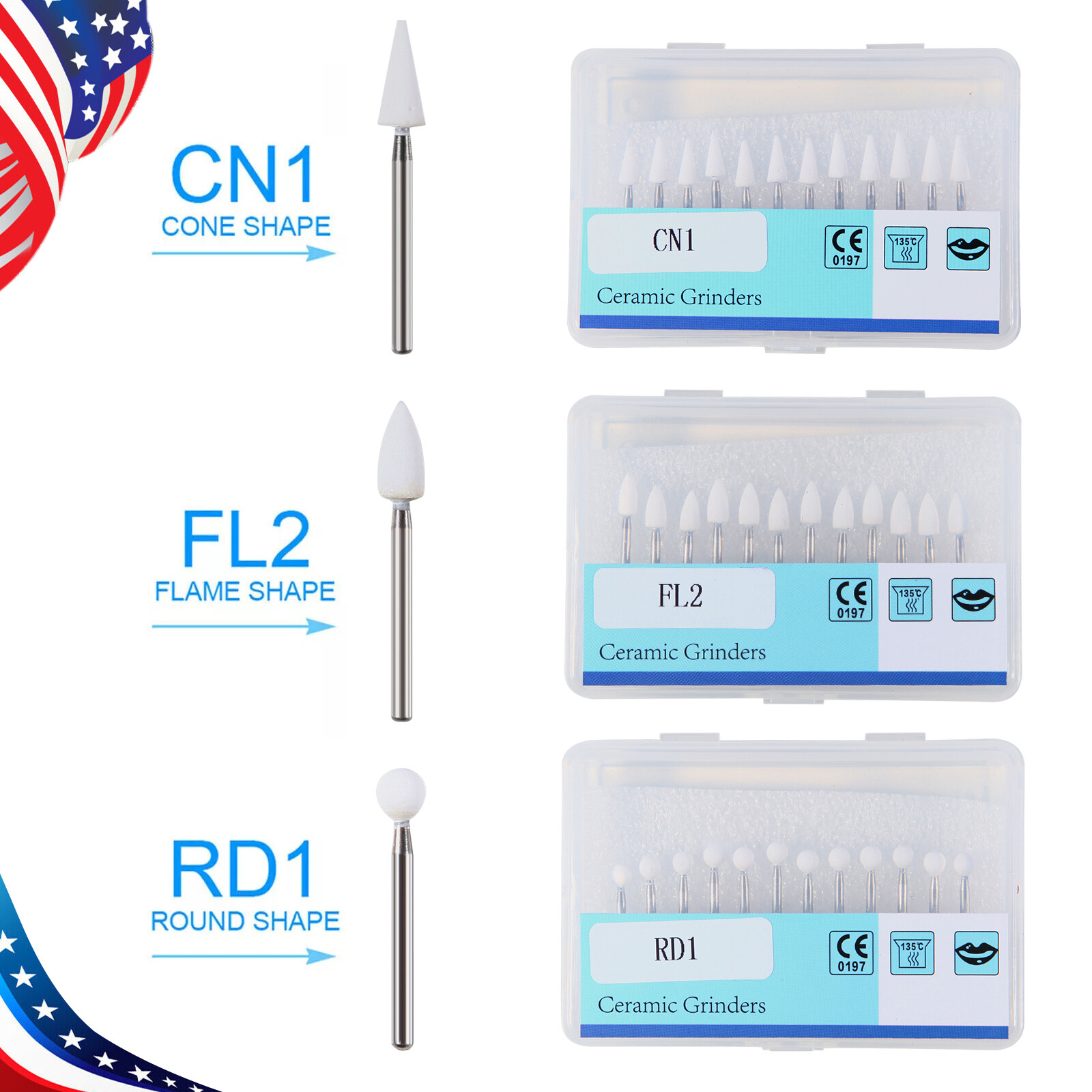 Dental White Stone High Speed Polishing Burs Cone/Flame/Round Aluminum Oxide