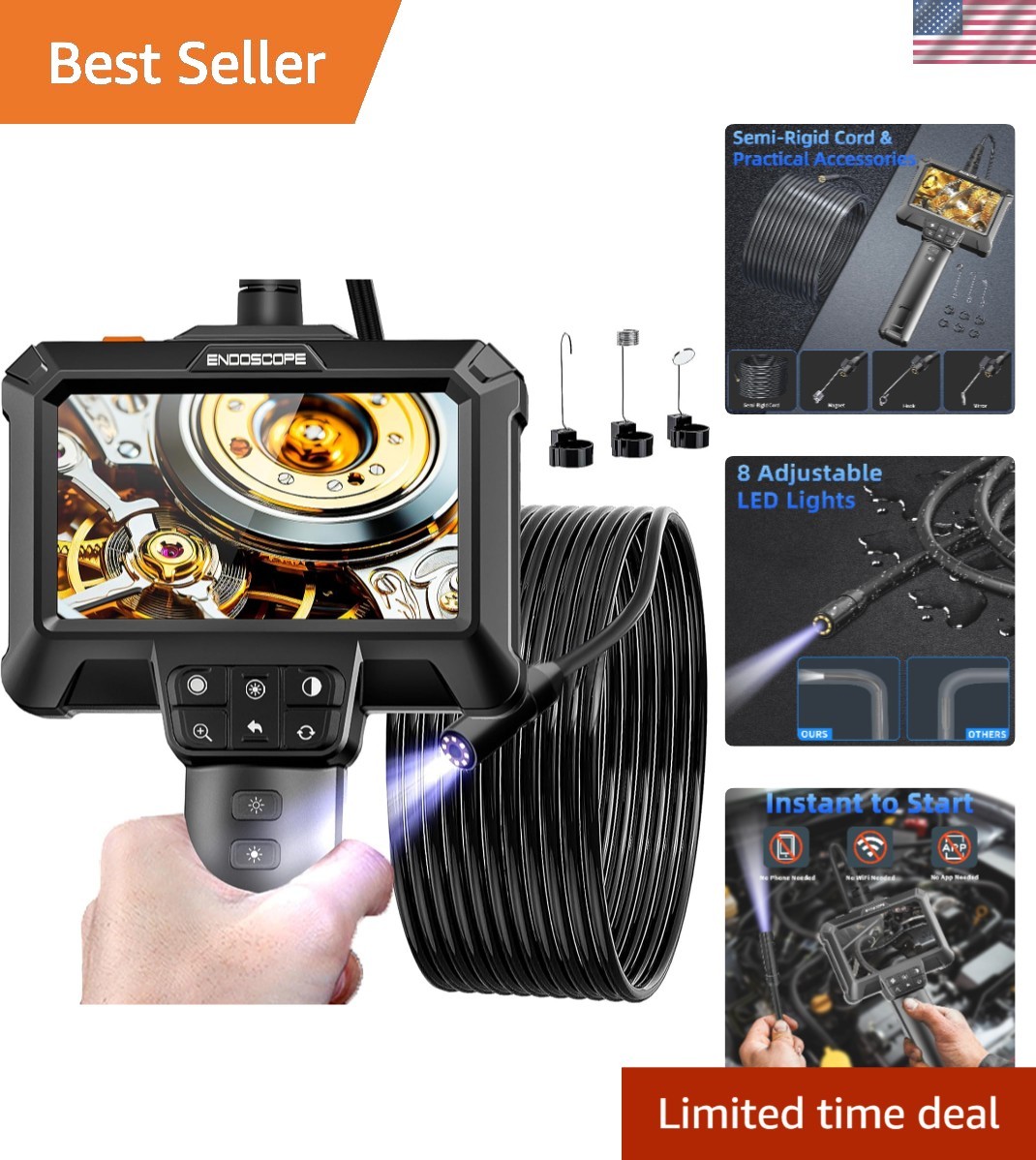Endoscope Camera with Light Waterproof Inspection Camera 4.3 Inch HD 1080P