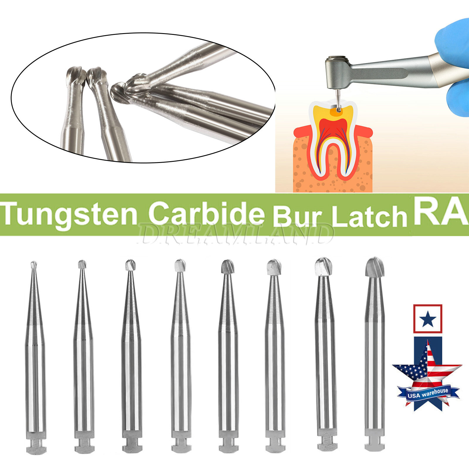 RA #1-8 Regular Round Carbide Burs for Slow Speed Latch RA1-RA8 Dental