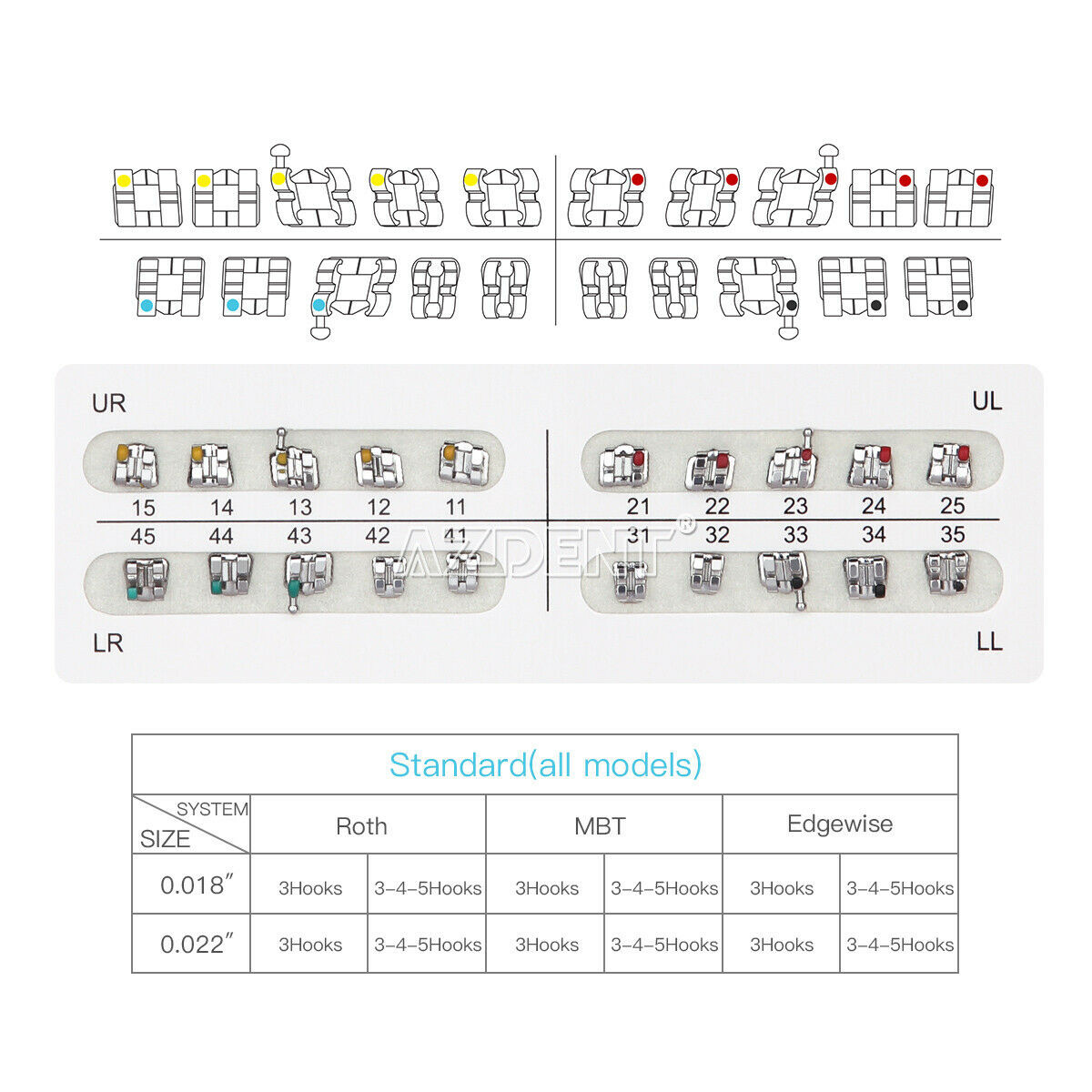 10 XDental Orthodontic Braces Bracket Mini Roth/MBT Slot 022/018 hooks 345