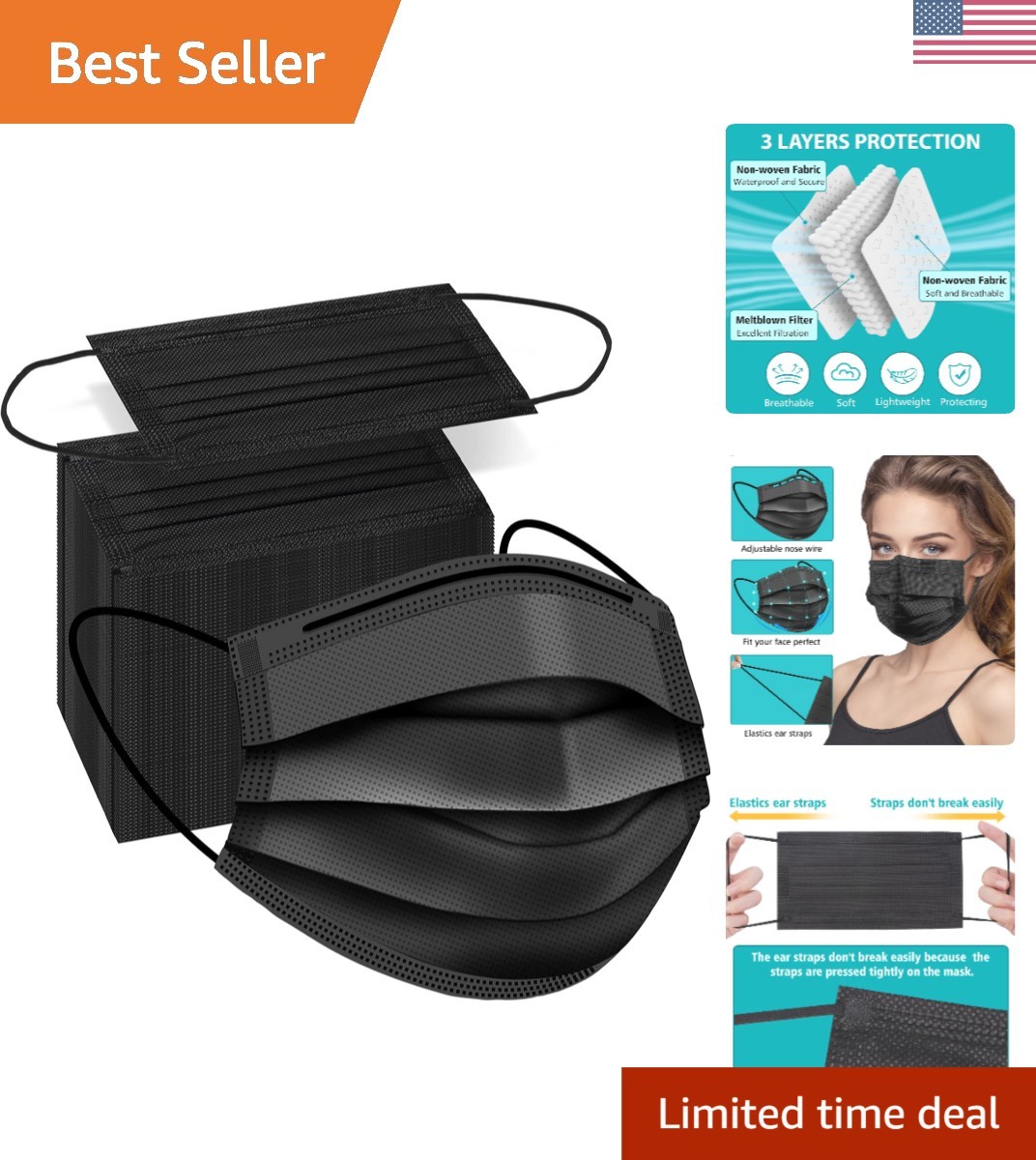 100 PCS Disposable Face , Black Disposable , 3 Ply Protection Face