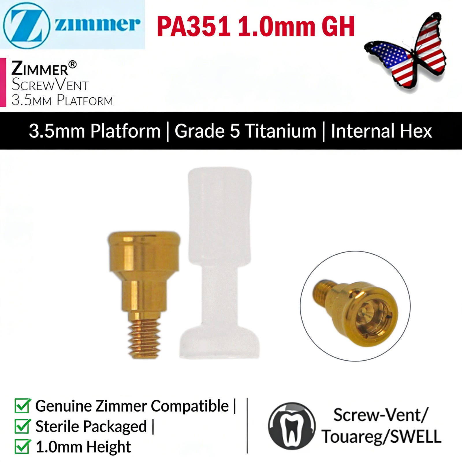 US Dental Locator Abutment Fits Zimmer TSV 3.5/4.5 NP/RP 1-5mm GH Internal Hex