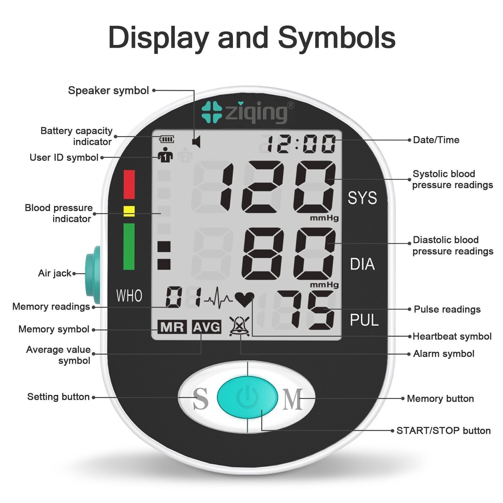 ziqing Blood Pressure Monitor Arm BP Large Cuff Pulse Meter Machine & Voice