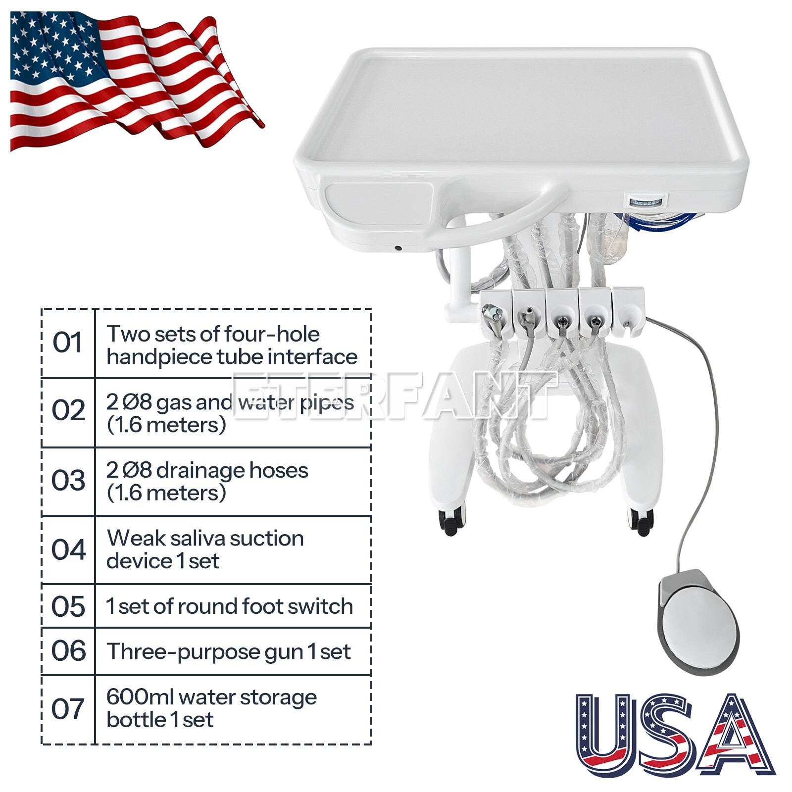 Dental Folding Chair+Air Turbine+LED Light+Tray/Delivery Treatment Cart Mobile