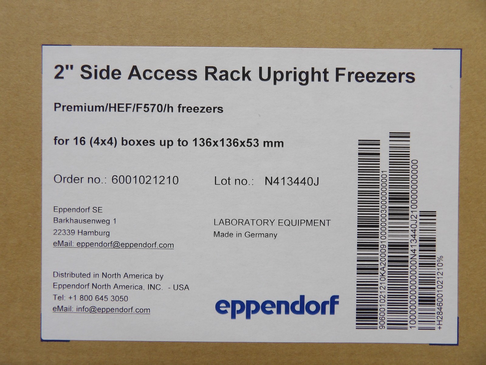 Eppendorf 6001021210 2” Side Access Rack Upright Freezers 136x136x53 mm