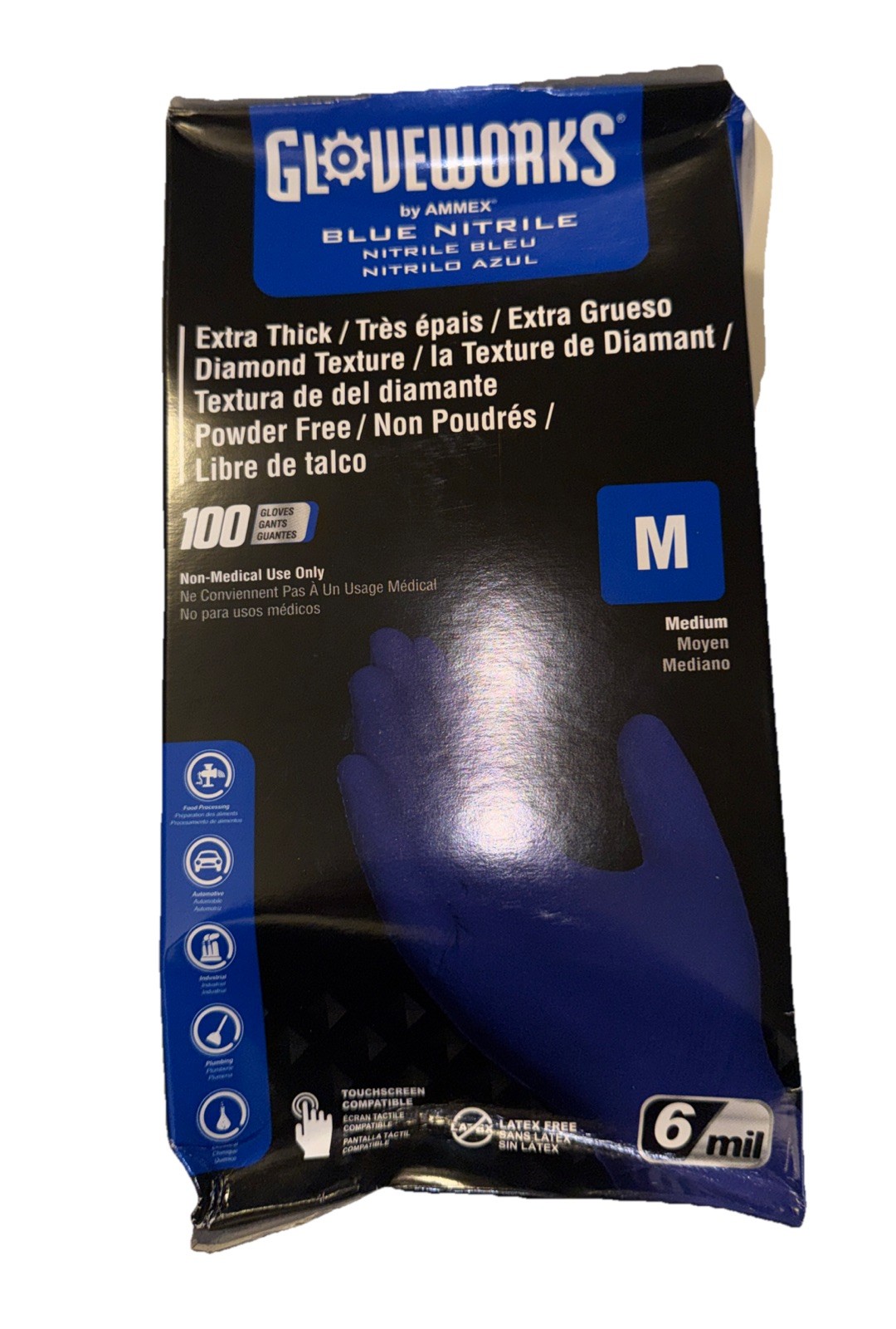 Ammex Gloveworks GWRBN44100 Royal Blue Disposable Nitrile Glove PF 6 Mil Size: M