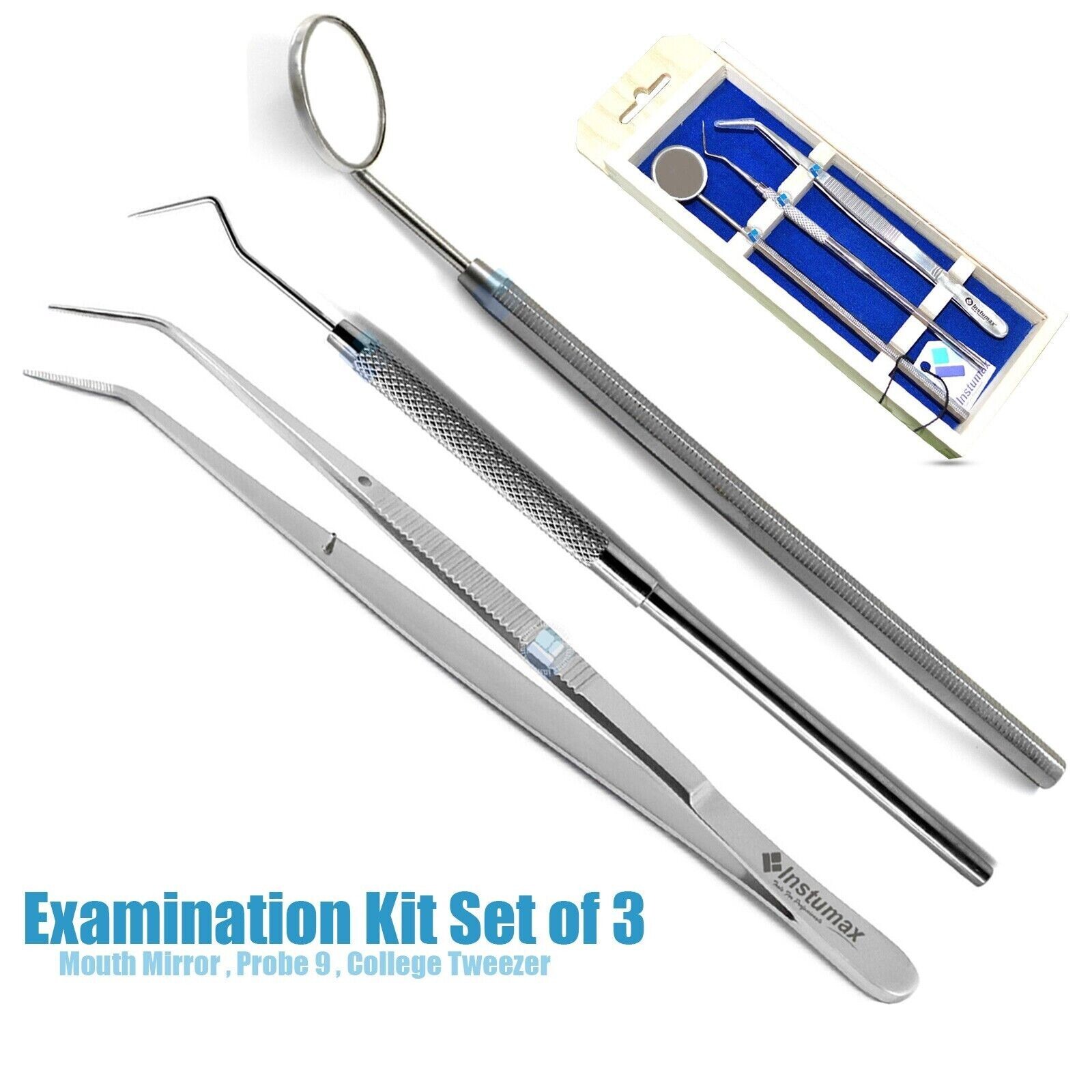 Examination Kit Basic Hygiene Tweezer Mirror Explorer Cleaning Tool Wooden Box