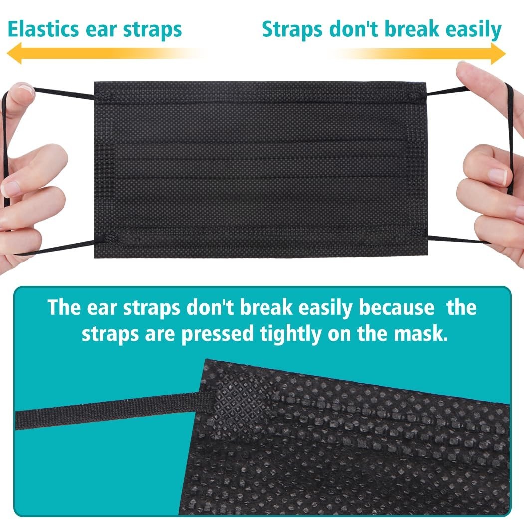 100 PCS Disposable Face , Black Disposable , 3 Ply Protection Face