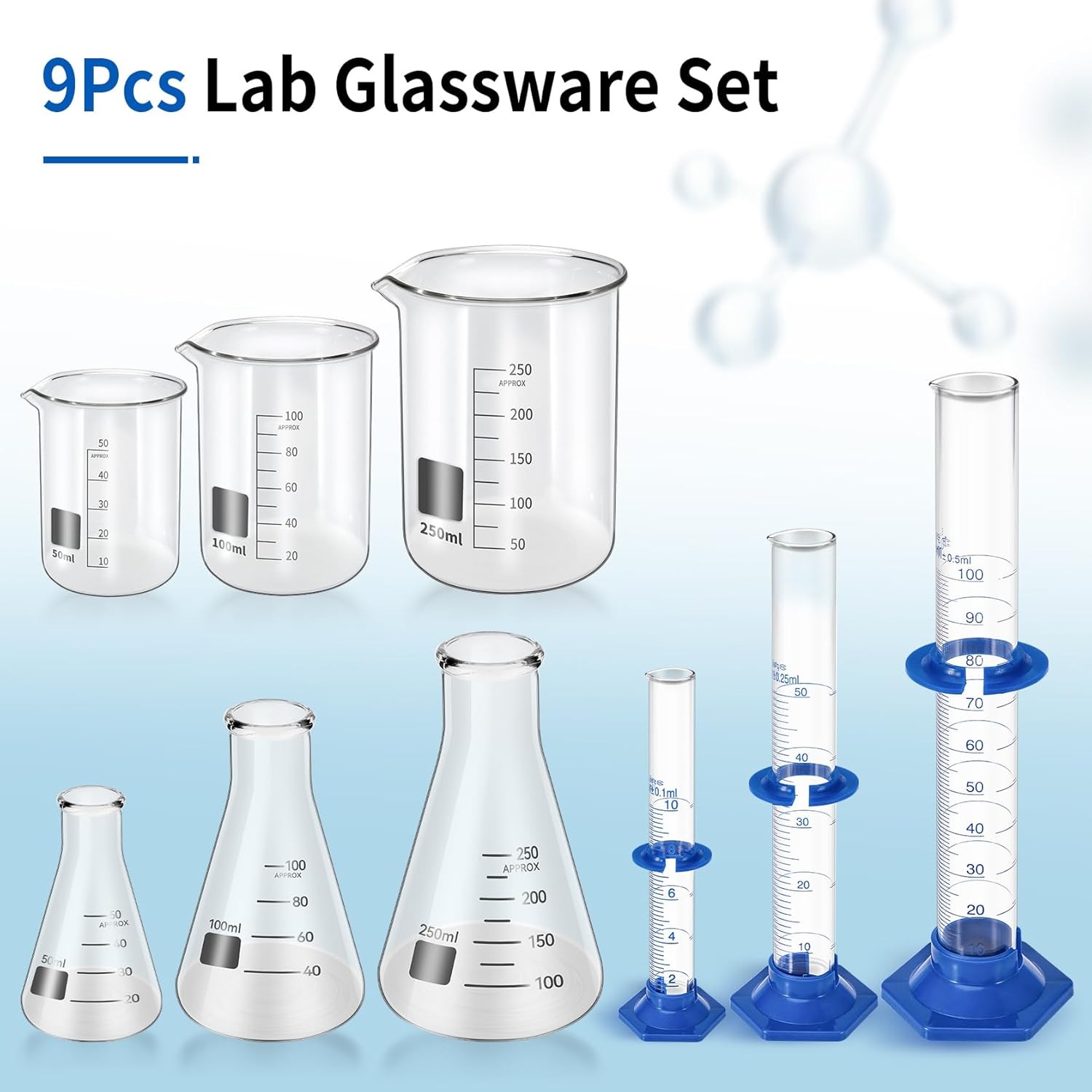 9PCS Lab Flask Set Graduated Cylinde Measuring Beaker 50/100/250ml Lab Glassware