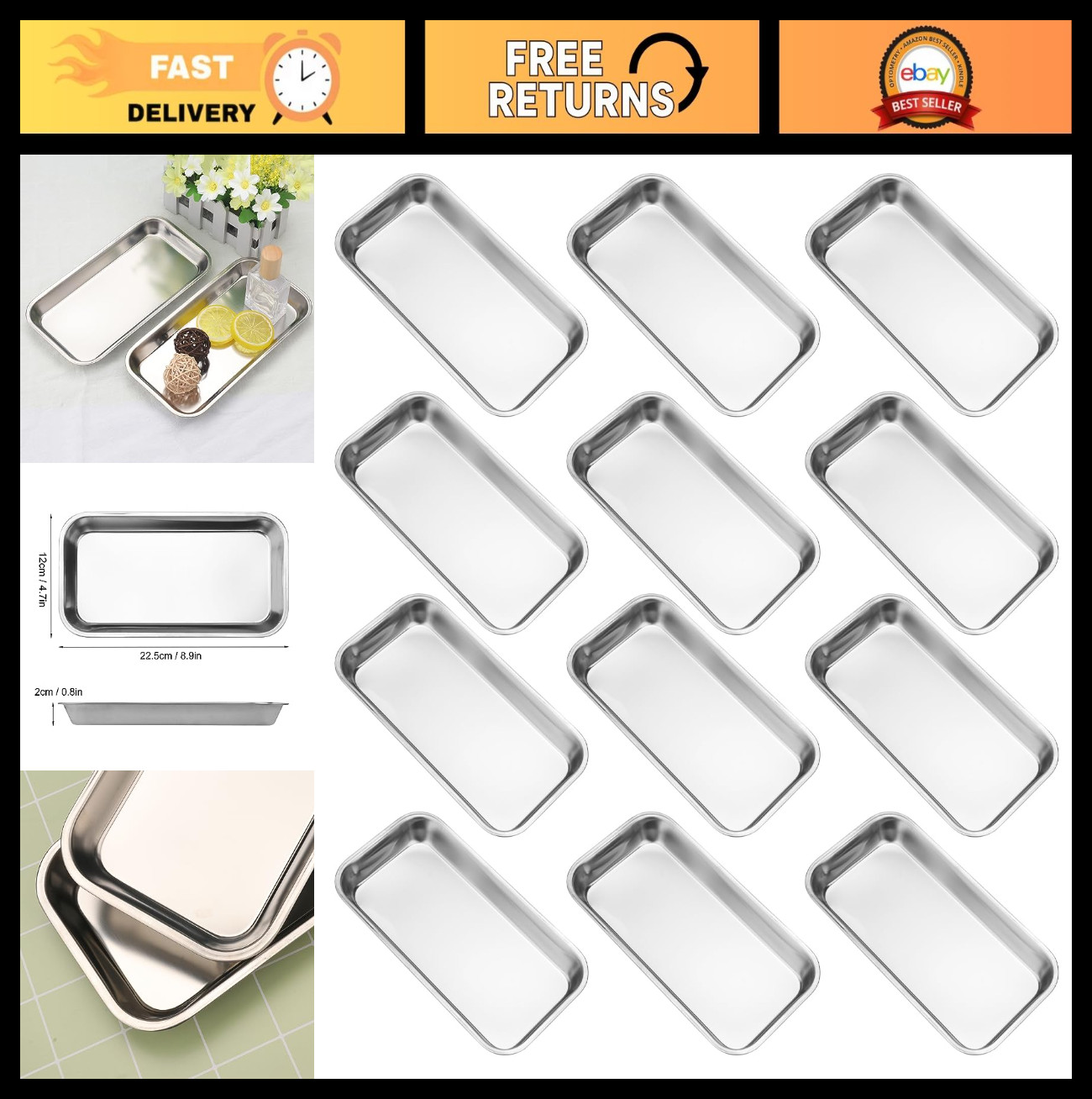 12 PCS Stainless Steel Surgical Trays 8.86″x4.7″ – Seamless, Moderate Edge for T