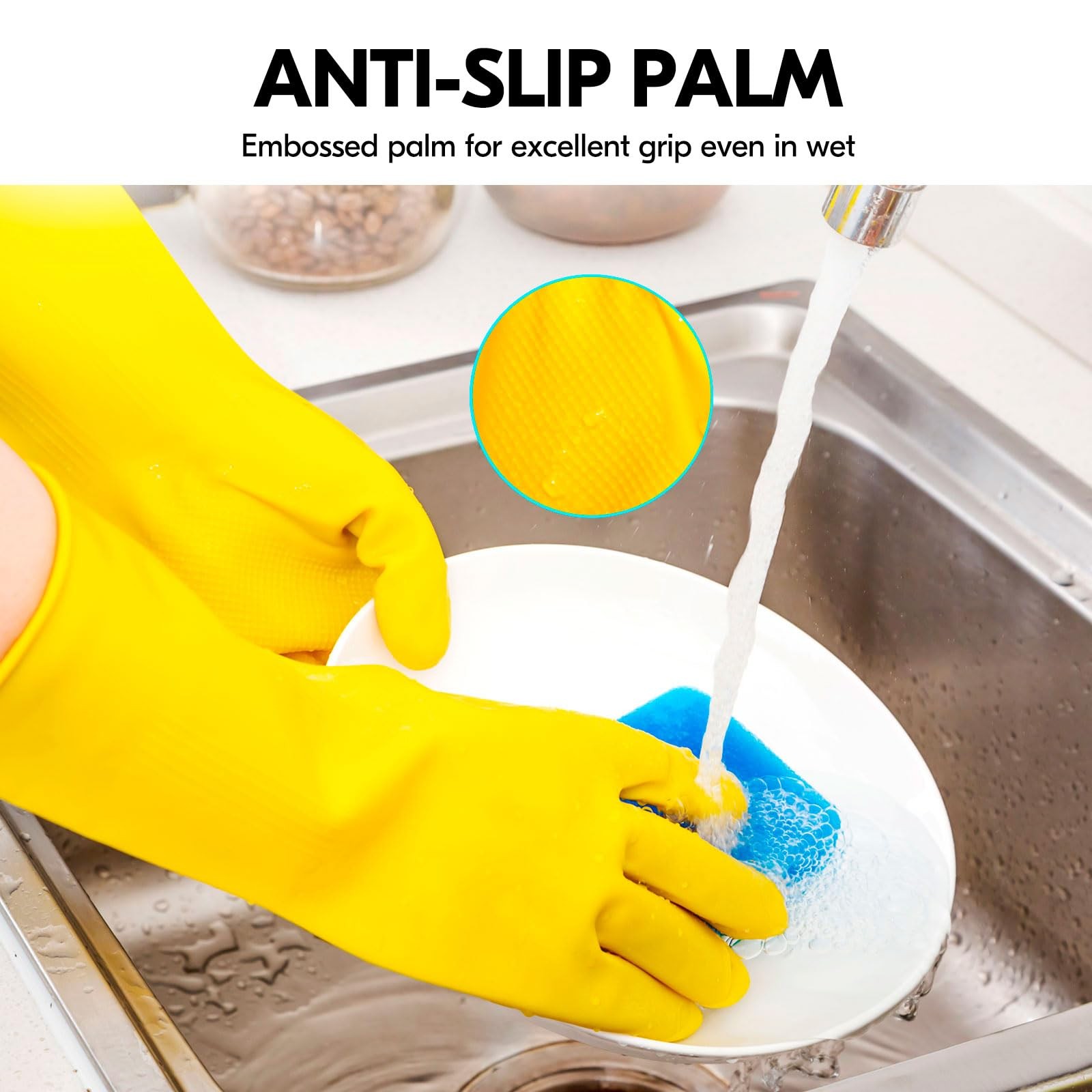 3Pair Reusable Rubber Dishwashing Gloves, Long Sleeve, Size L, Yellow