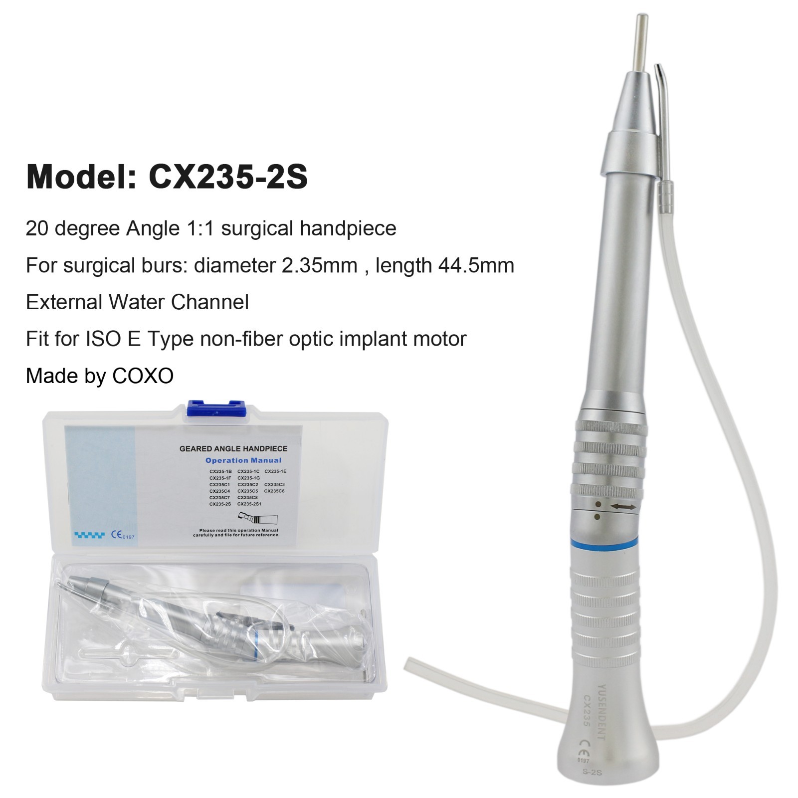 COXO Dental Surgical Straight Handpiece 20 Degree 1:1 Fiber Optic External Water