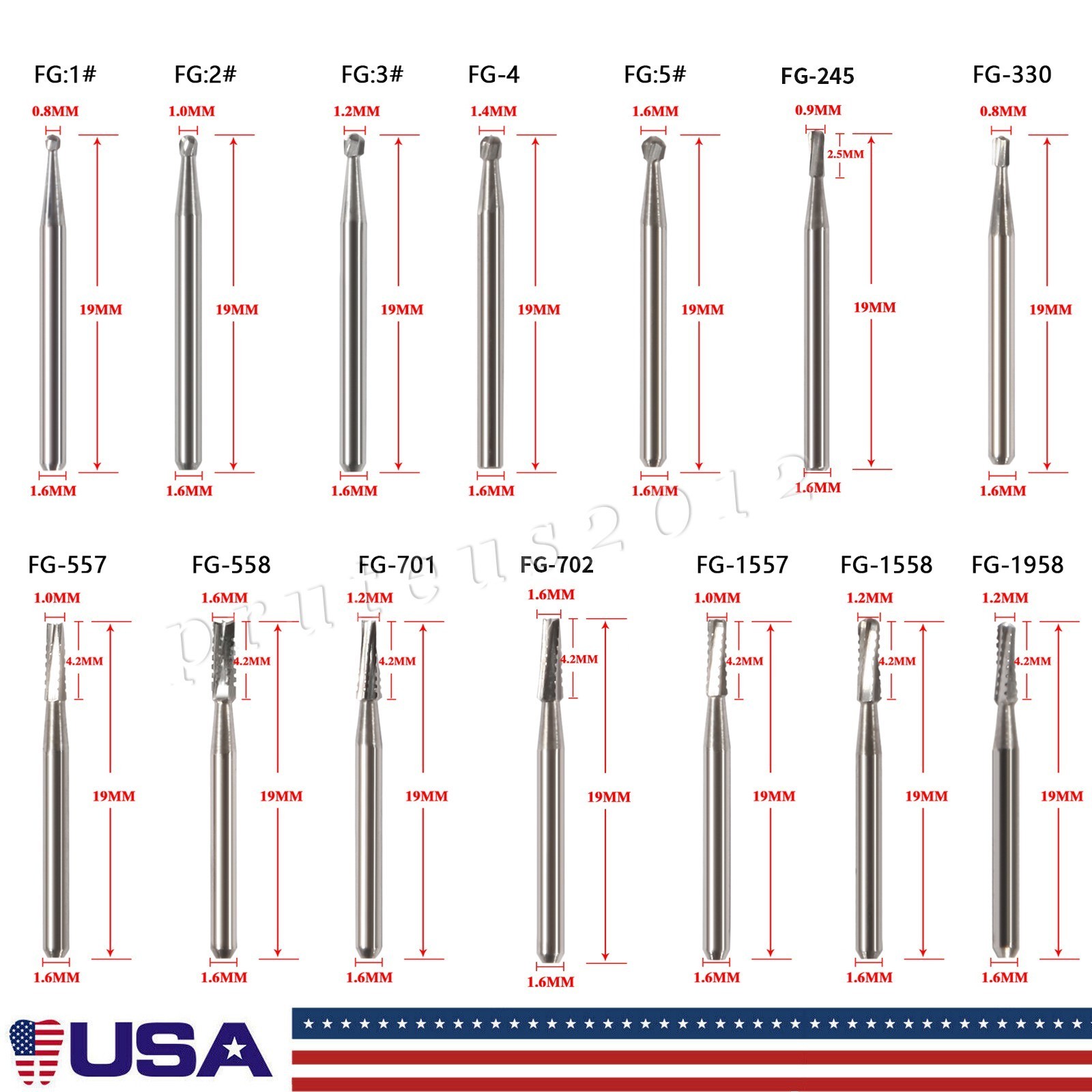 Dental Surgical Burs High Speed FG 25mm Carbide Friction Grip Round 2 4 557