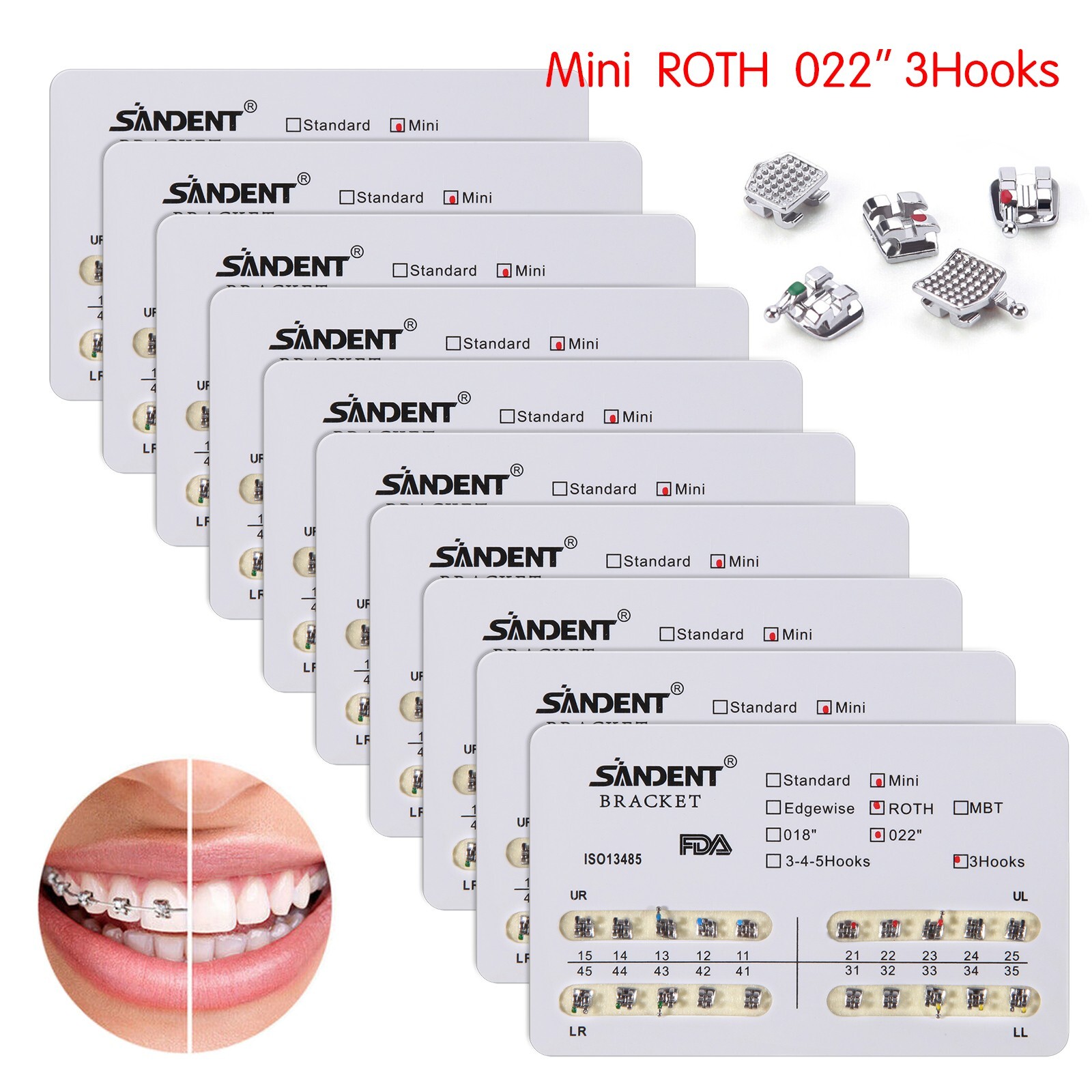 10 Packs SANDENT Dental Orthodontics Brackets Braces Mini Roth 022″Slot 3 Hooks