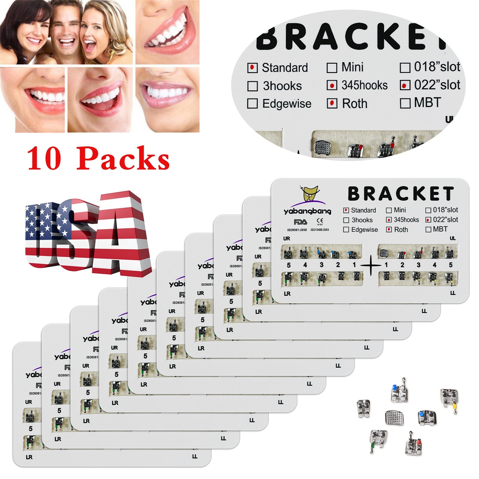 10 Packs/200 pcs Ortho Metal Standard ROTH 022 Slot 3 4 5 Hooks Brackets Braces