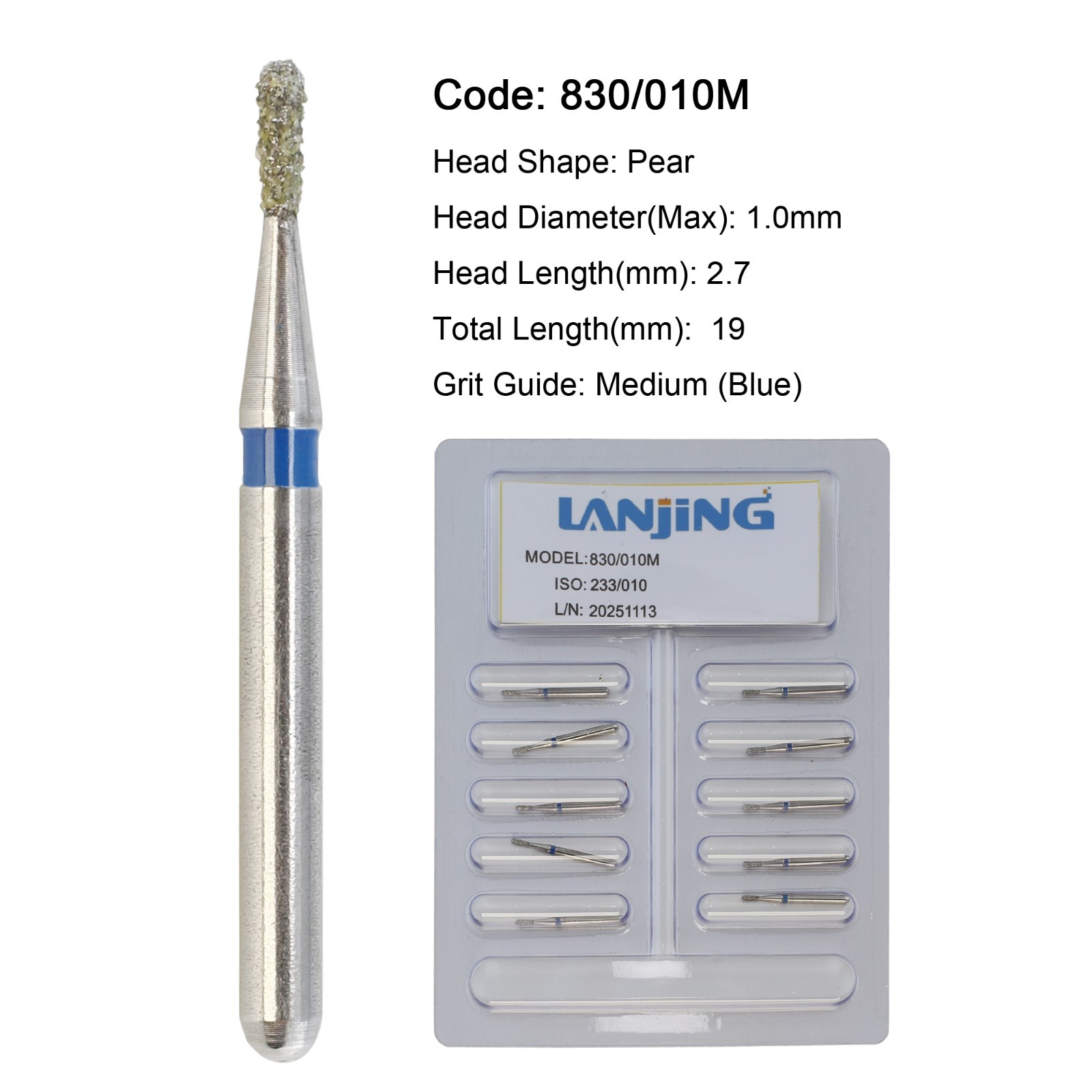 Dental Diamond Burs 830/010M Pear Bur FG Medium Grit High Speed Friction Grip