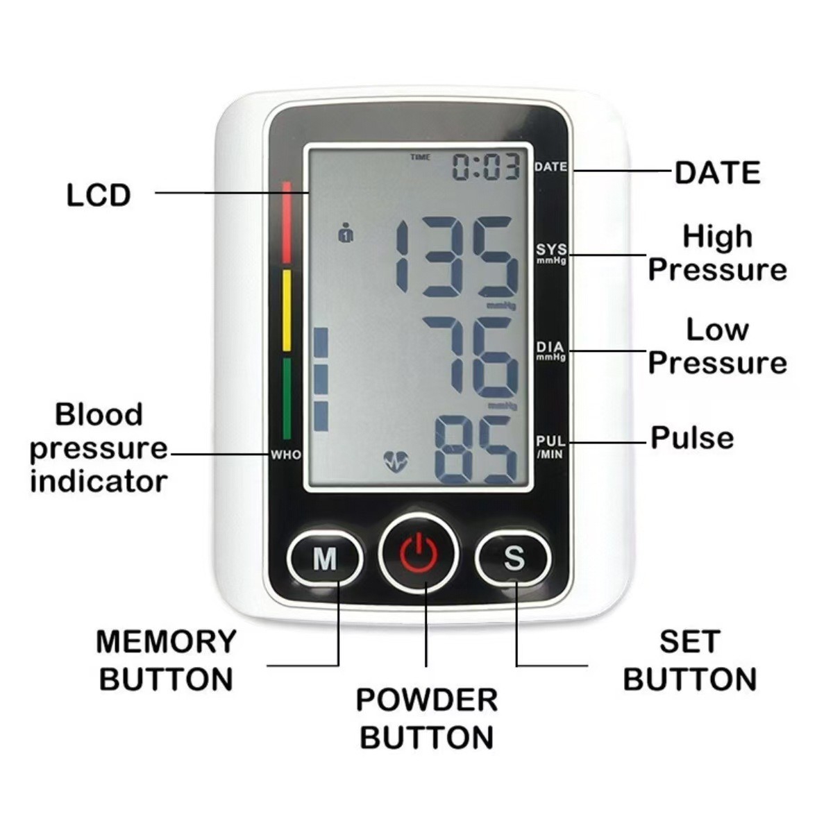 Digital Automatic Blood Pressure Monitor Upper Arm BP Machine Heart Rate Machine