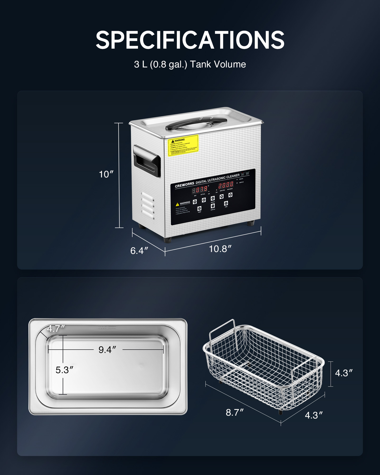 CREWORKS 3L Ultrasonic Cleaner with Control Panel 1-30 min. Timer & Degas Mode