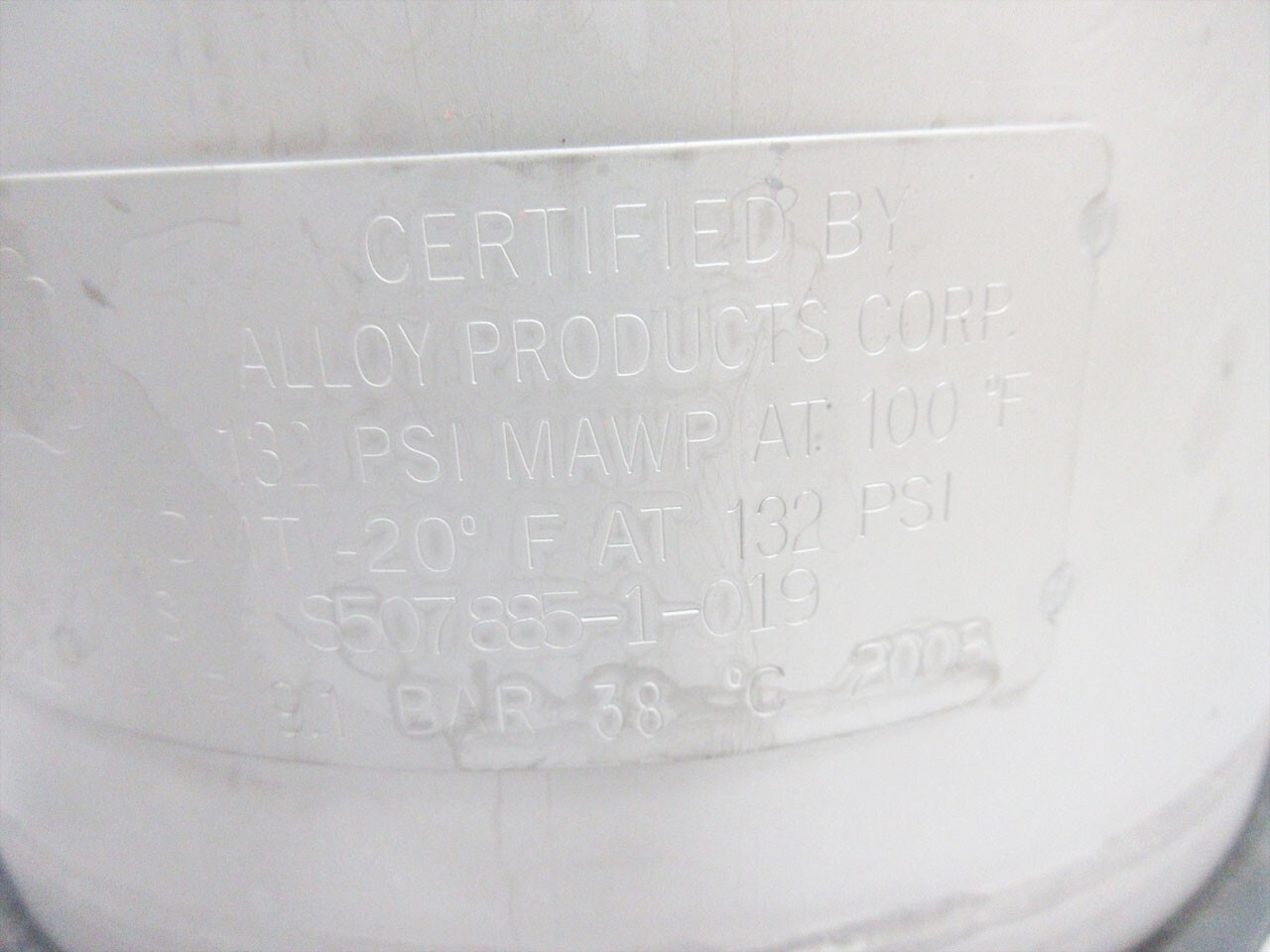 ALLOY PRODUCTS VESSEL 316L STAINLESS STEEL PRESSURE 132 PSI MDMT AT -20 oF