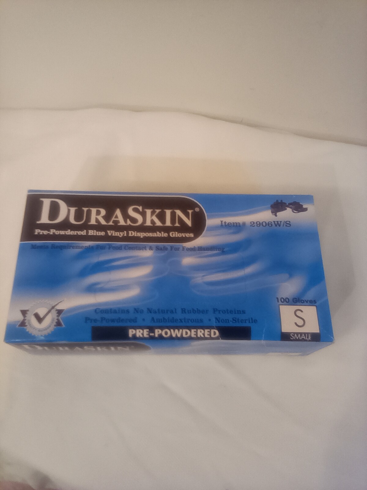 Duaskin pre-powered blue vinyl disposable gloves 100 ct item # 2906W/S small