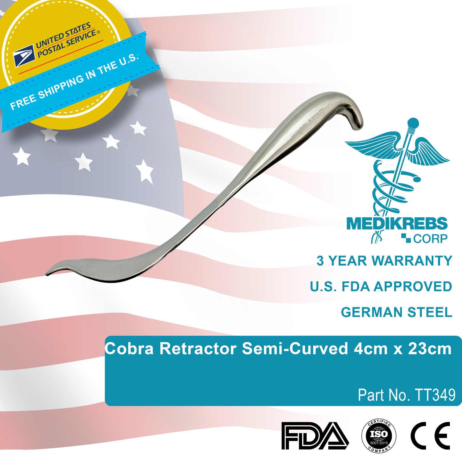 Medikrebs Cobra Retractor Semi-Curved 23 cm x 4 cm Surgical Instruments