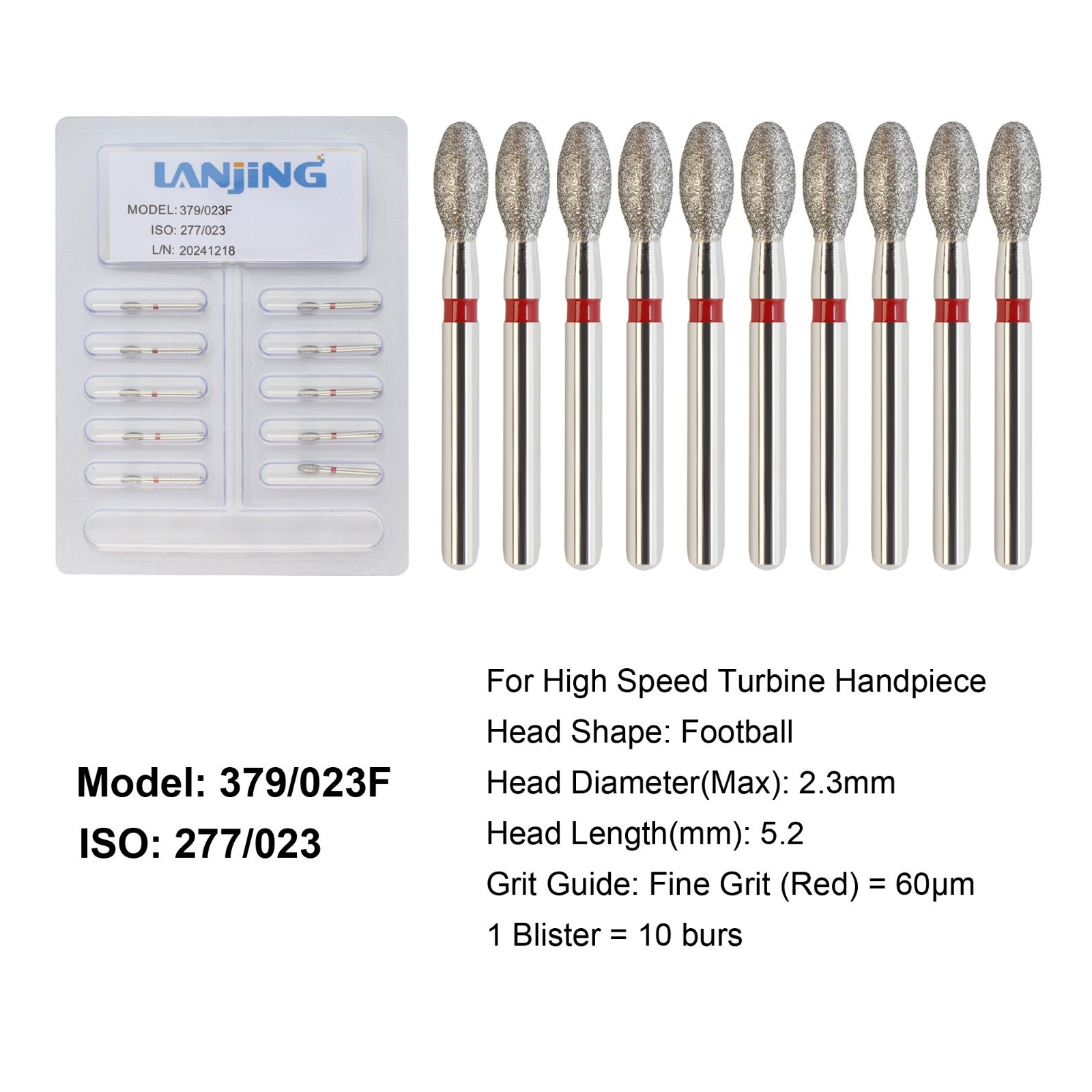 Dental Burs Diamond Football Burs Fine Red FG High Speed 379/023F Friction Grip