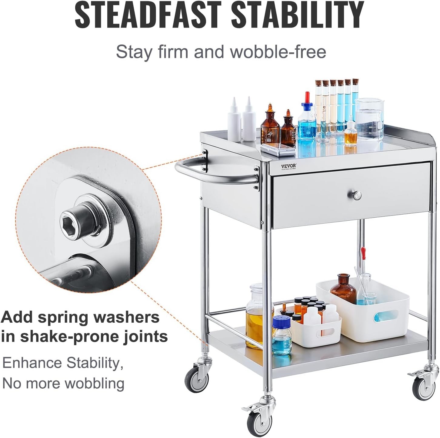 Versatile Stainless Steel Utility Cart – 2-Tier with Drawer and Locking Wheels