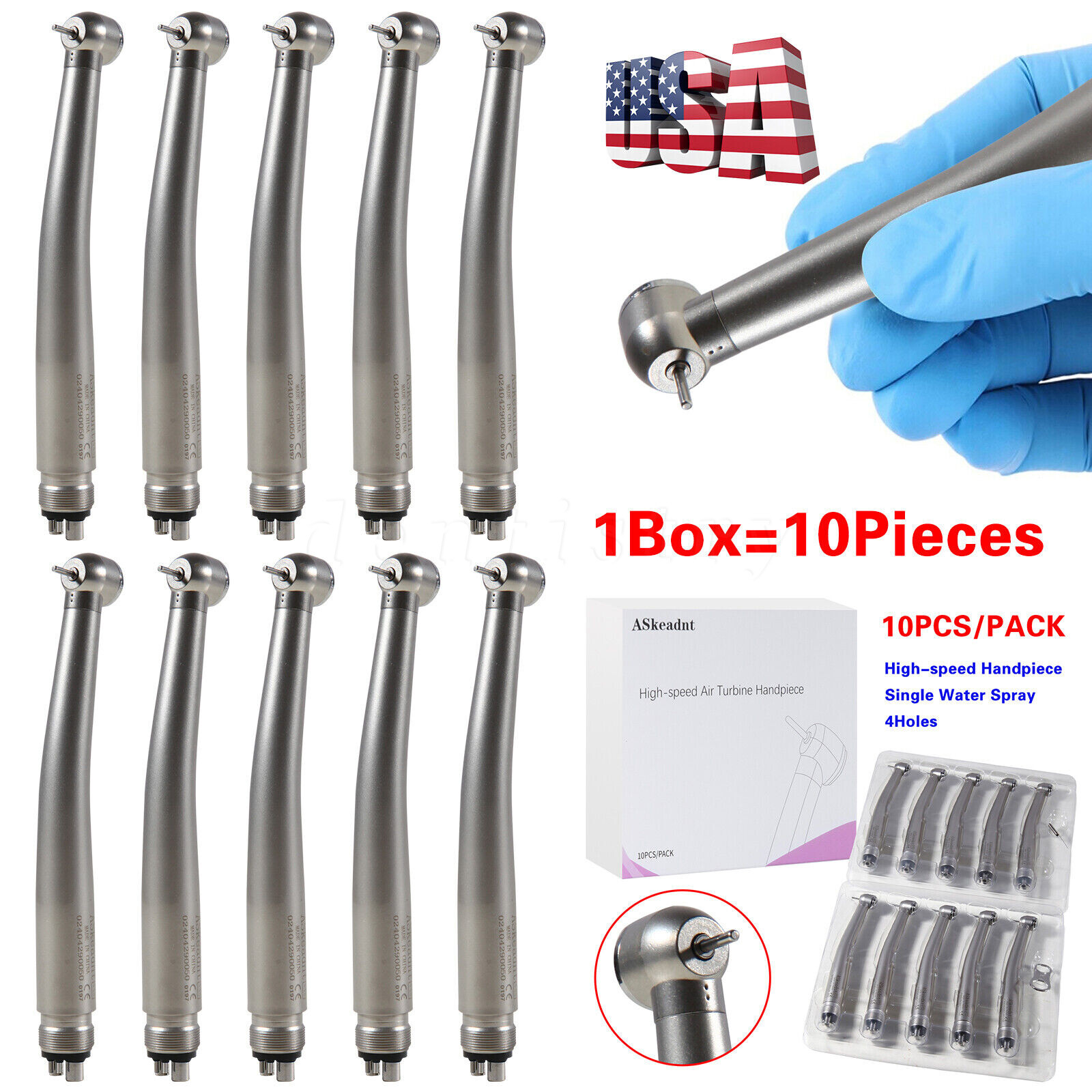 10 Askeadent Dental High Speed Handpiece Push Button Turbine Single Spray