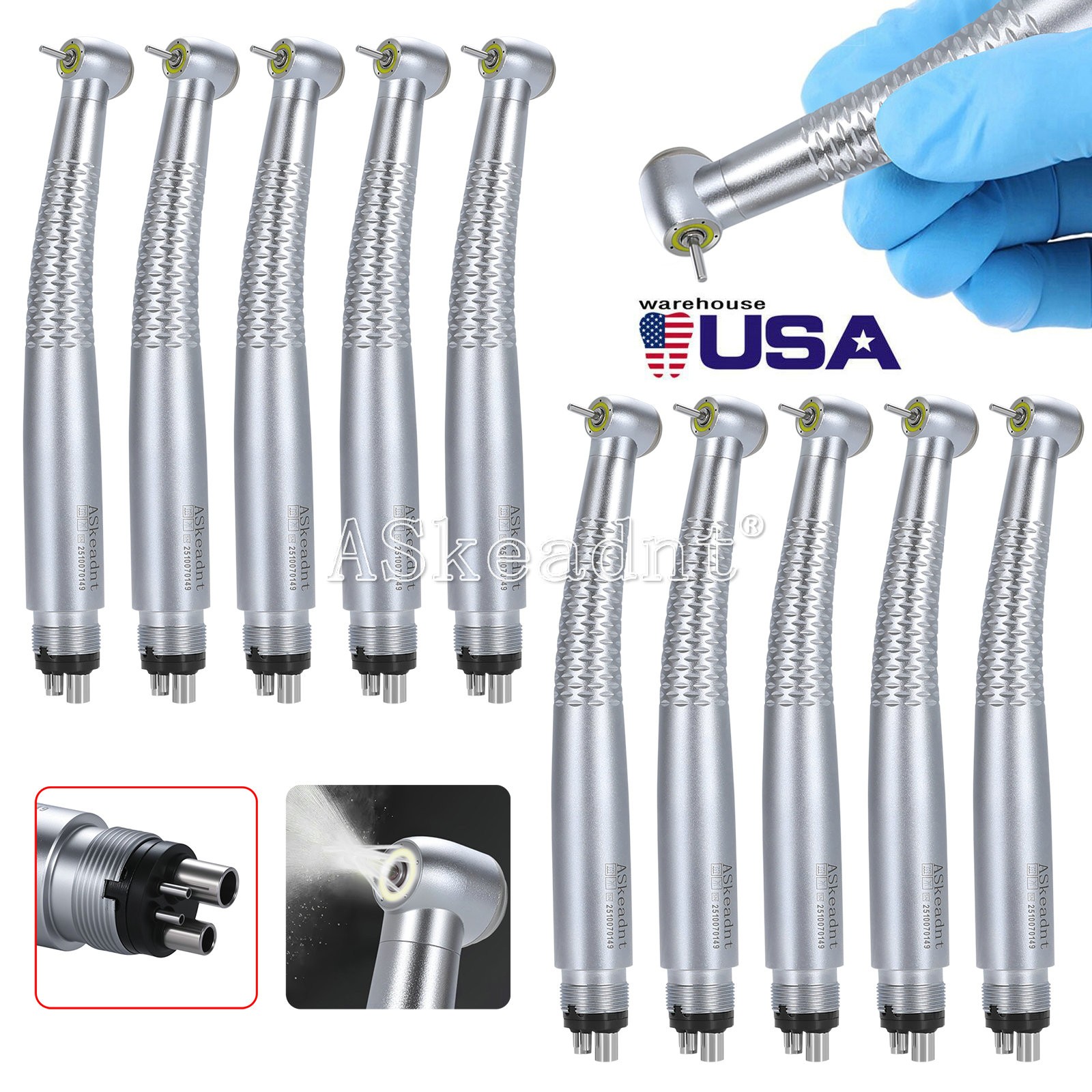 1-10 PCS Dental Shadowless Ring LED High Speed Handpiece 5 Water Spary 4 Holes