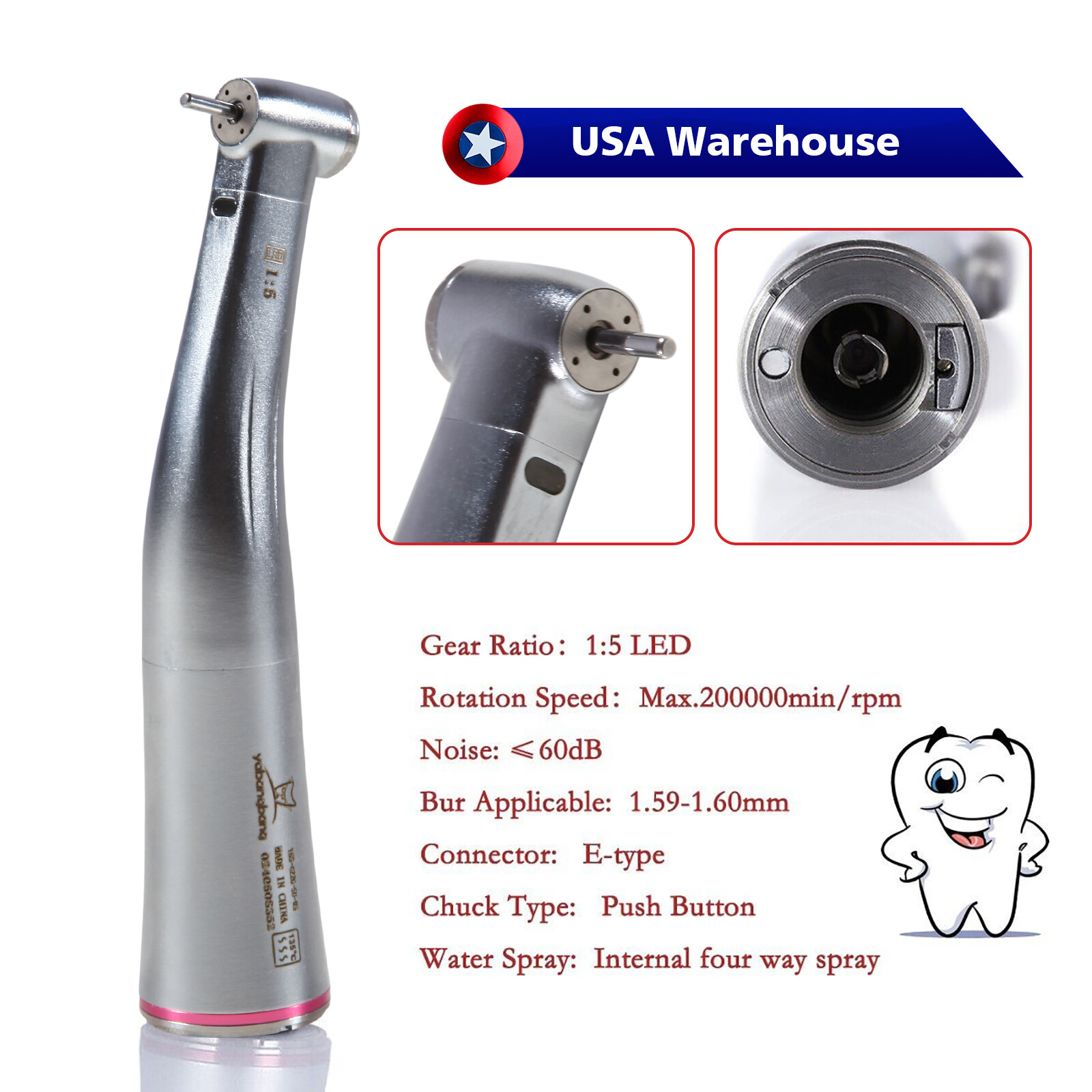Dental 1:5 LED Contra Angle Handpiece FOR Electric Motor MT2 MT3