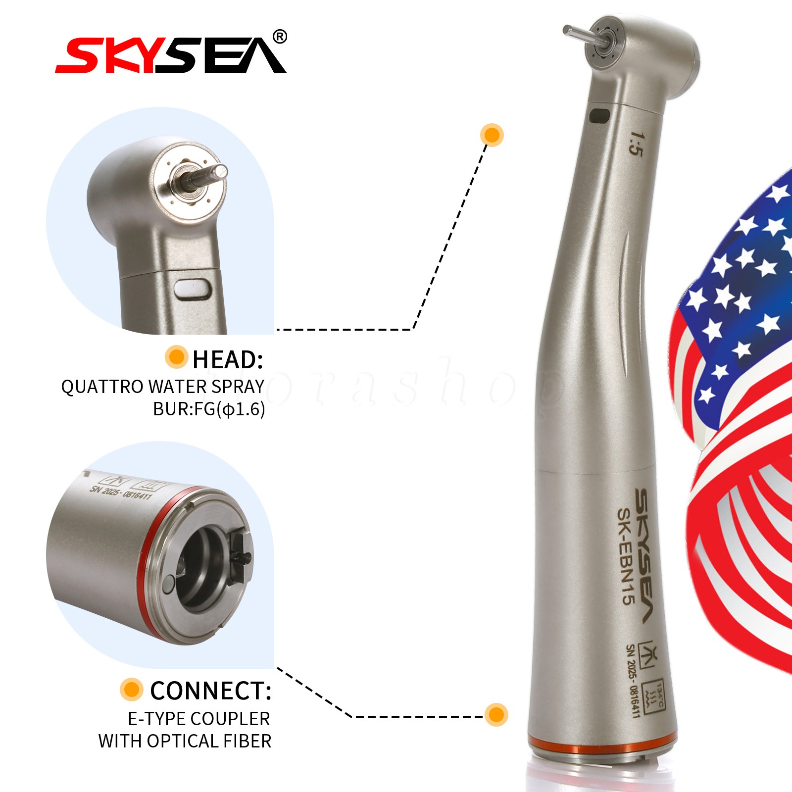 Dental Fiber 1:5 Increasing Contra Angle LED Handpiece for Electric Motor SKYSEA