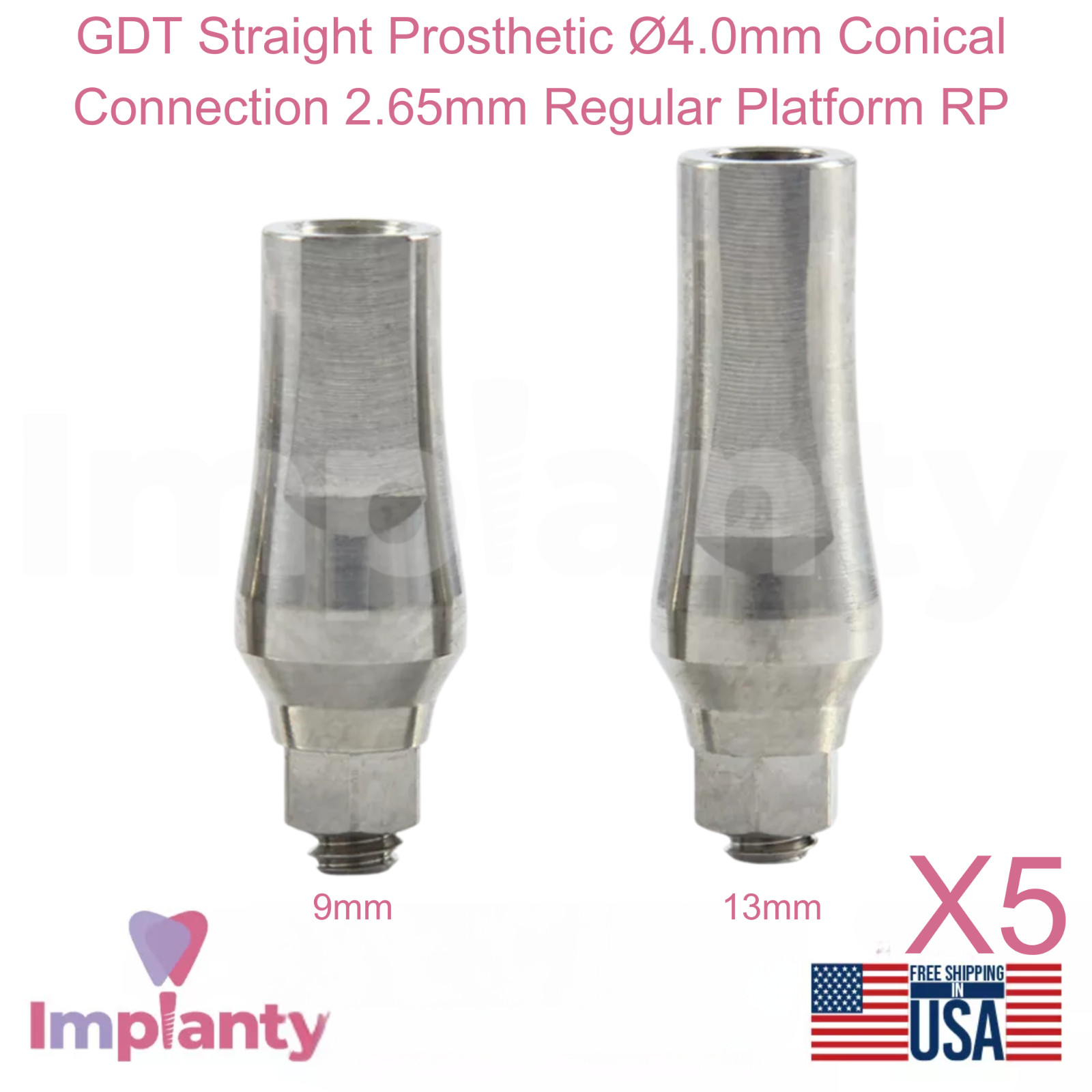 5x GDT Straight Prosthetic Ø4.0mm Conical Connection 2.65mm Regular Platform RP