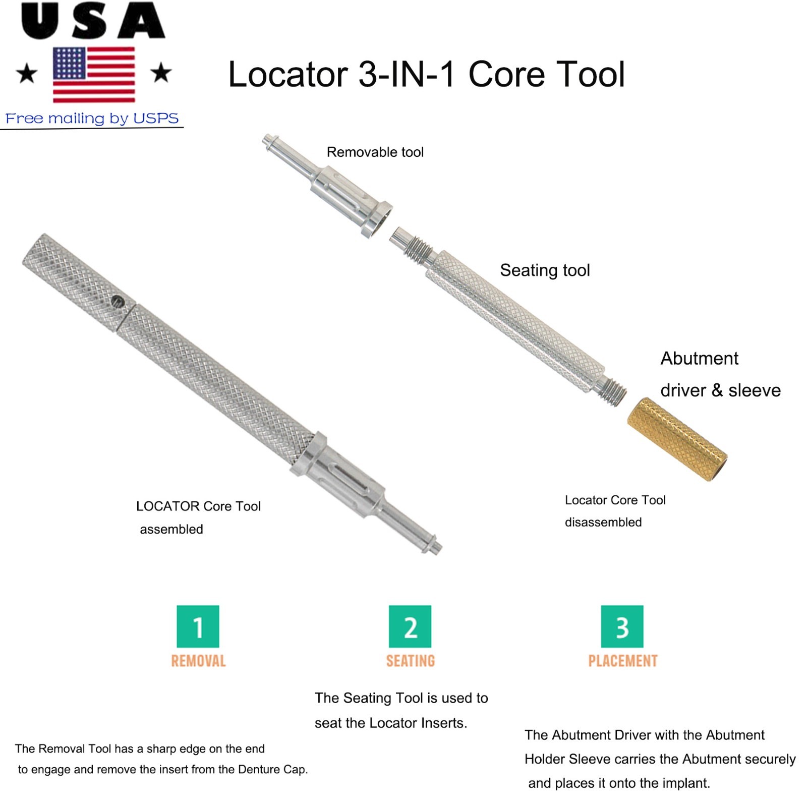 US Zimmer Adin Mis Bego Overdenture locator Abutments &Male Caps Tools For 1-5mm